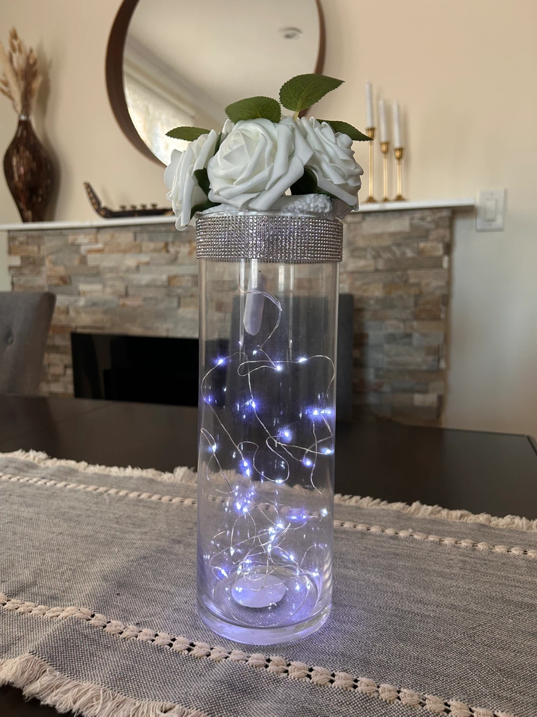 10 Glass Cylinder Vase with White Roses and LED Fairy Lights - photo 3