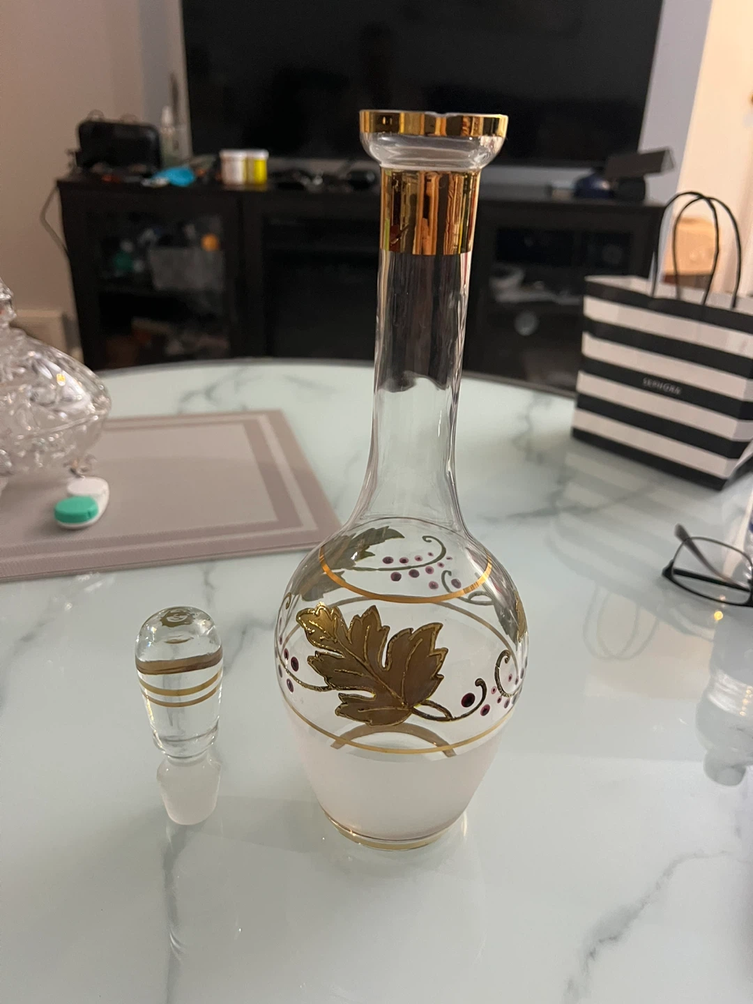 Decorative Glass Decanter with Gold Leaf Design