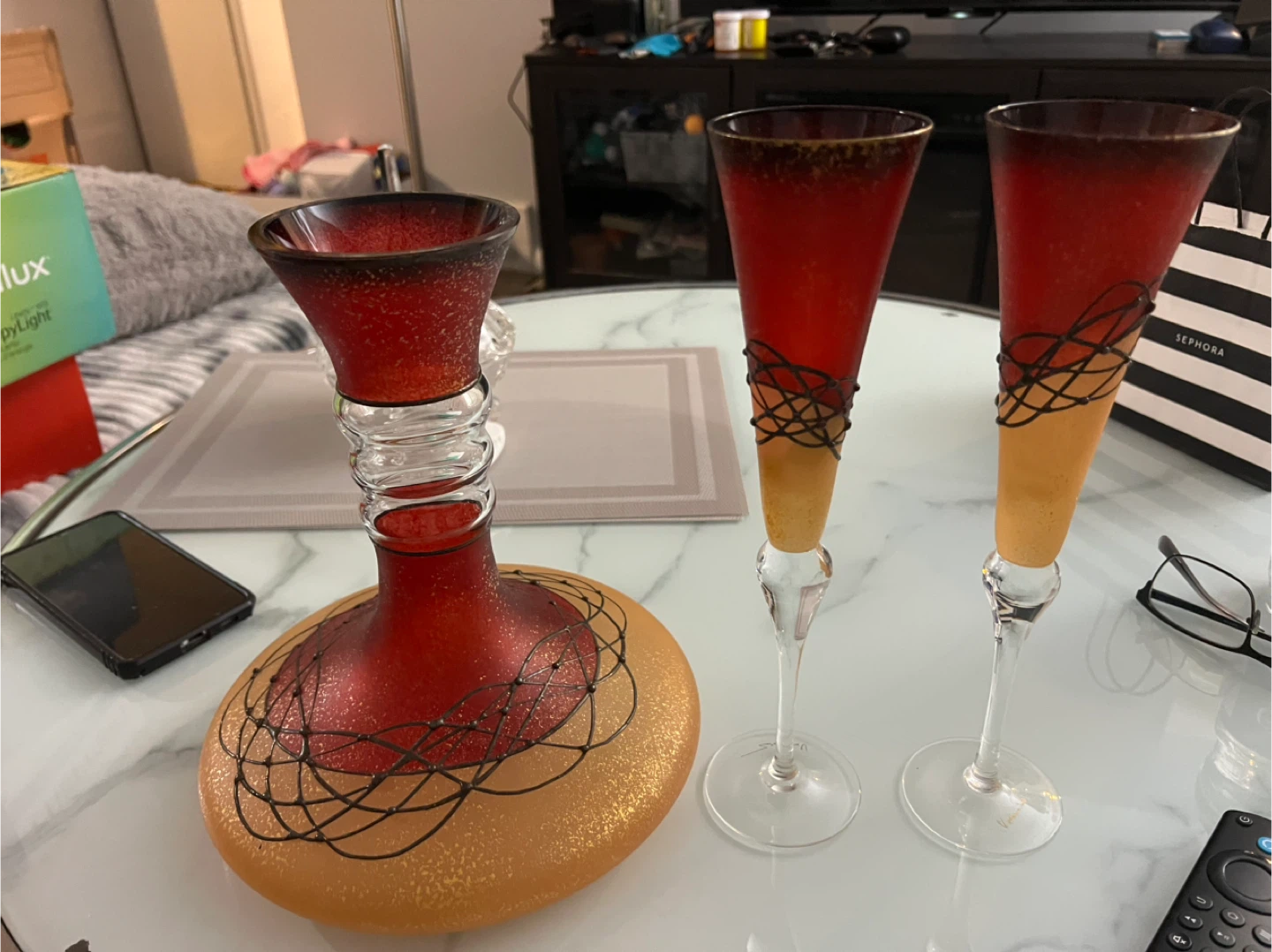 Red and Gold Glass Vase and Flutes Set