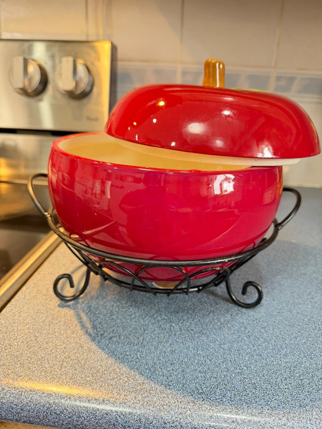 🥕Red Apple Shaped Ceramic baking Serving Bowl with Stand - photo 3