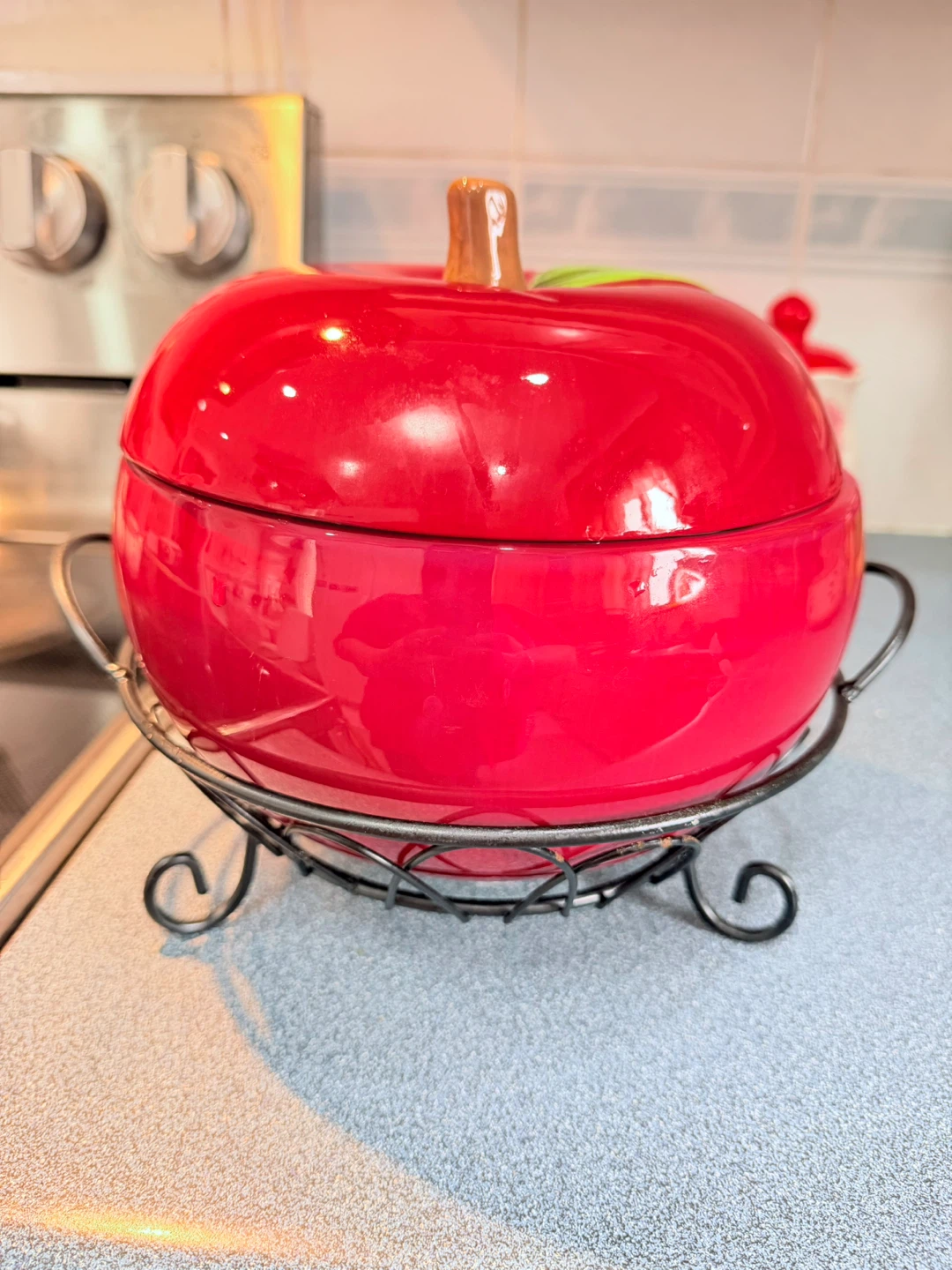 🥕Red Apple Shaped Ceramic baking Serving Bowl with Stand - photo 2