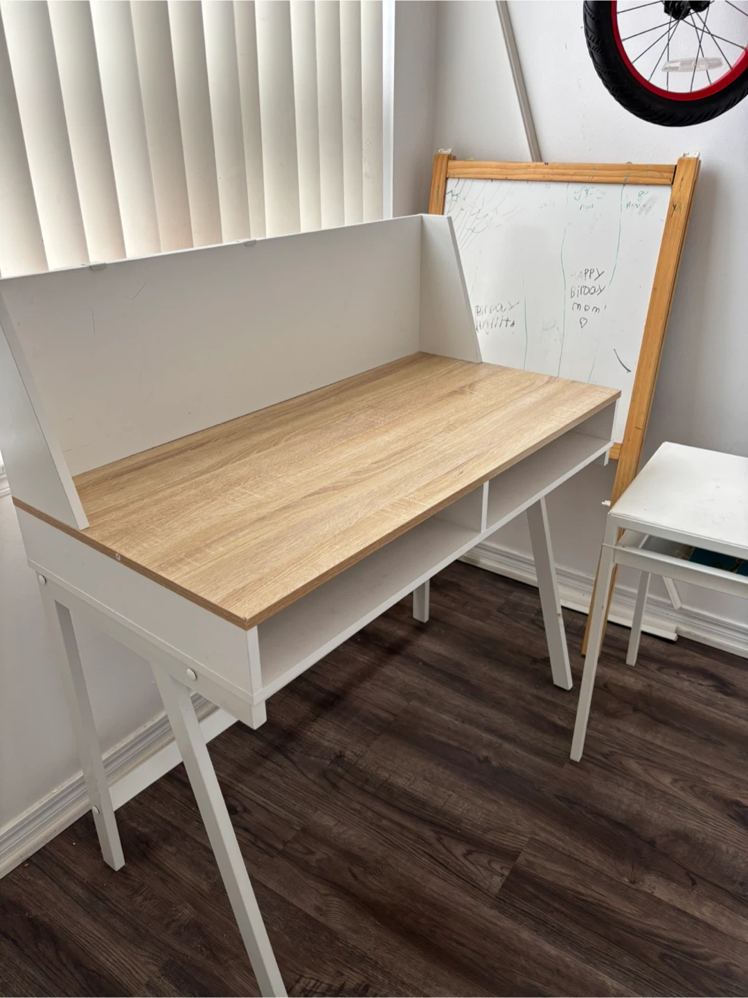 White and Woodgrain Desk with Shelving