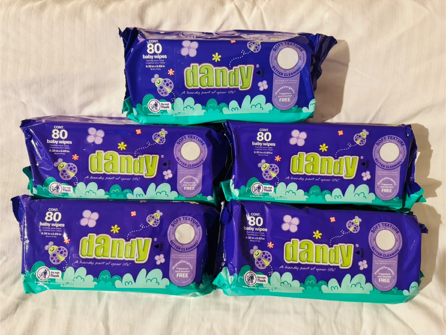 Dandy Baby Wipes - 5 Packs of 80 Count