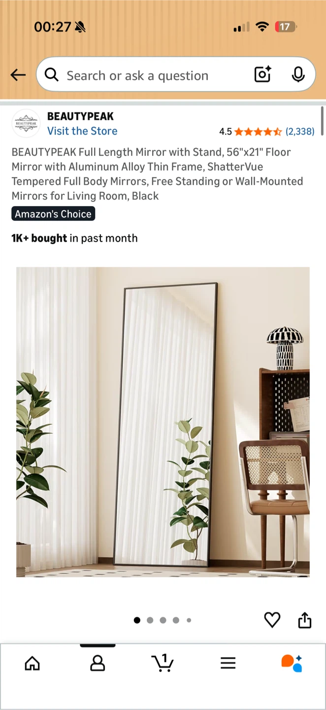 Full Length Mirror 56"x21" Black Aluminum Frame - photo 2