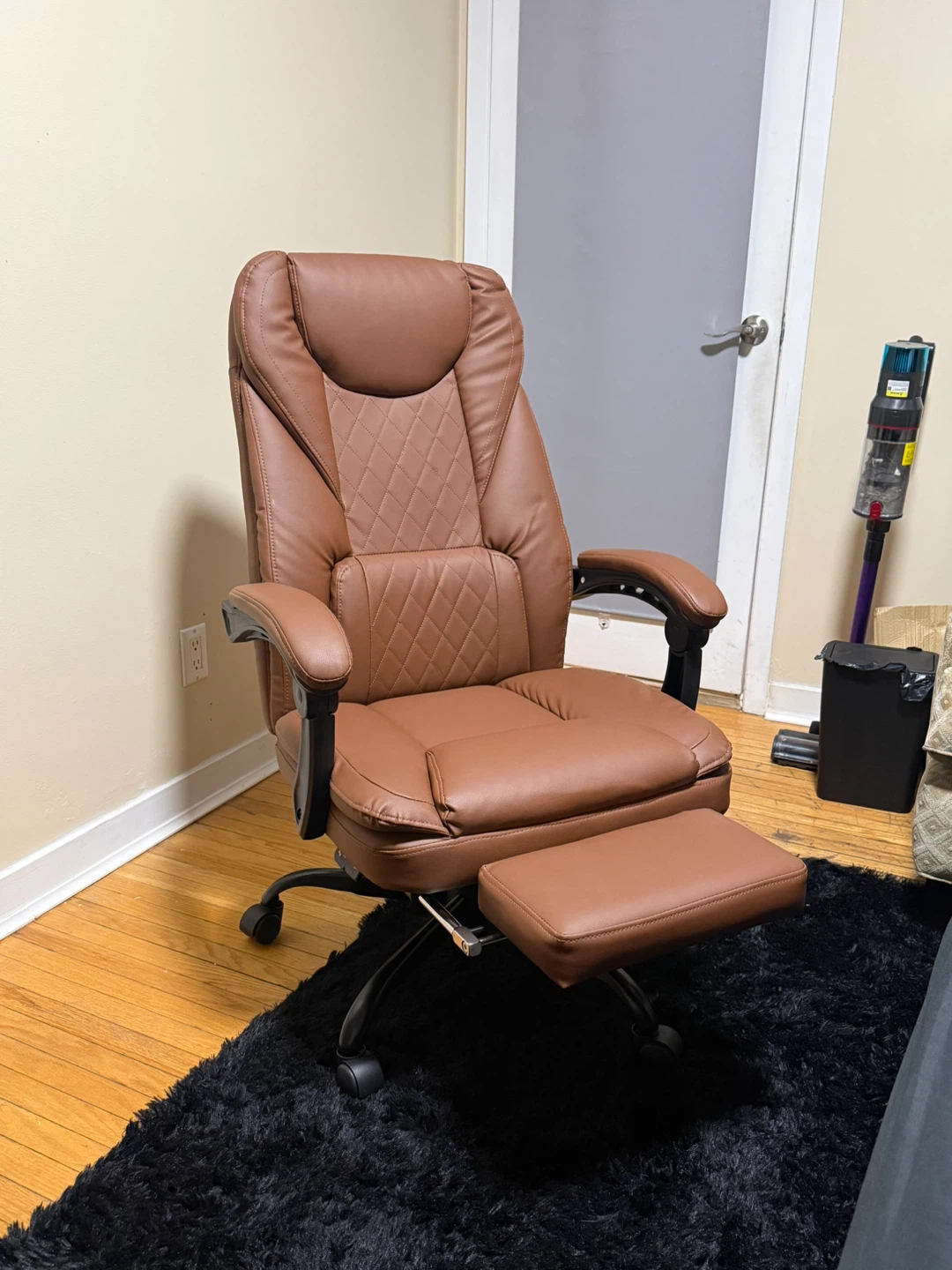 Brown Faux Leather Office Chair with Retractable Footrest - photo 2