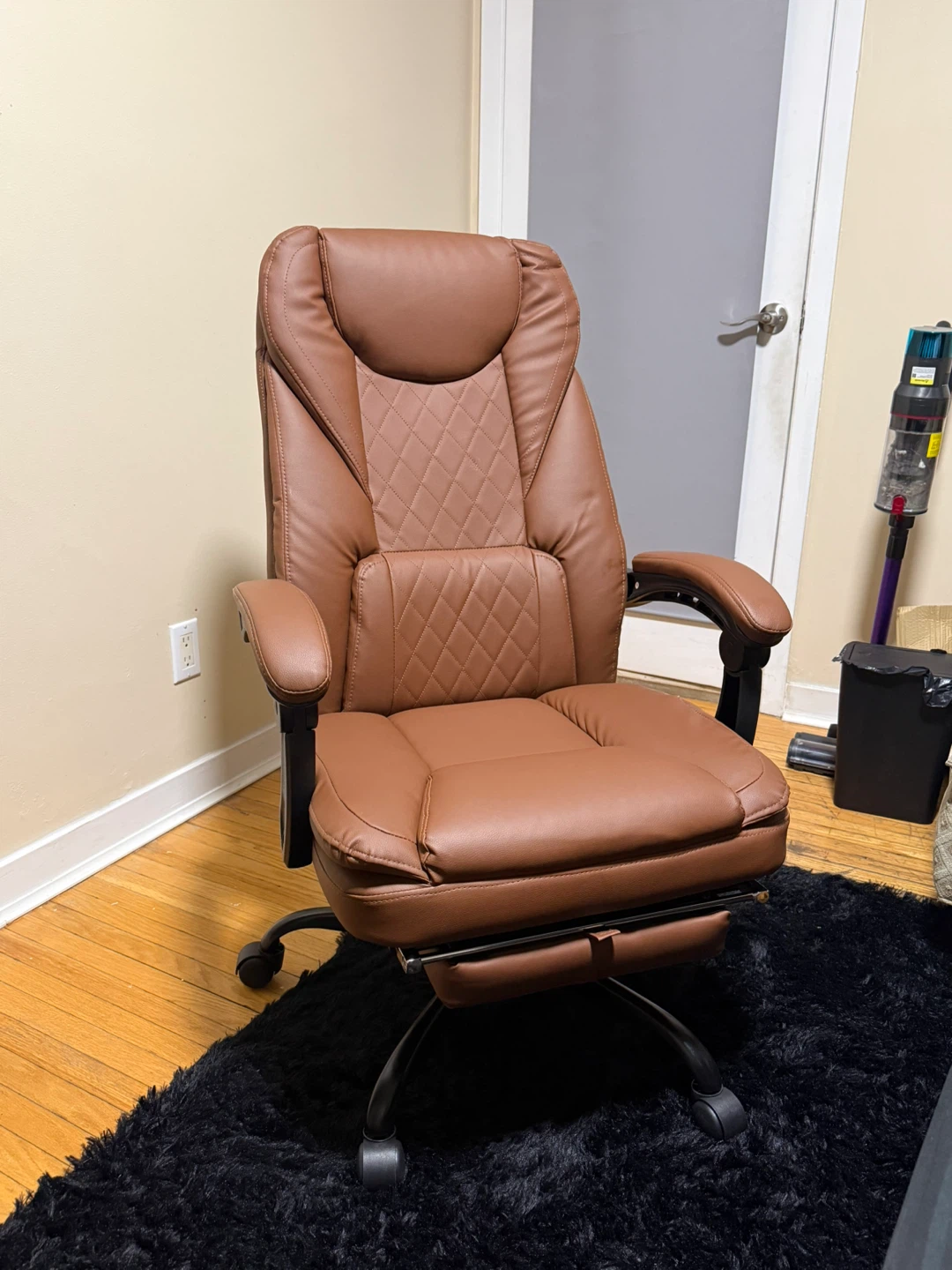 Brown Faux Leather Office Chair with Retractable Footrest