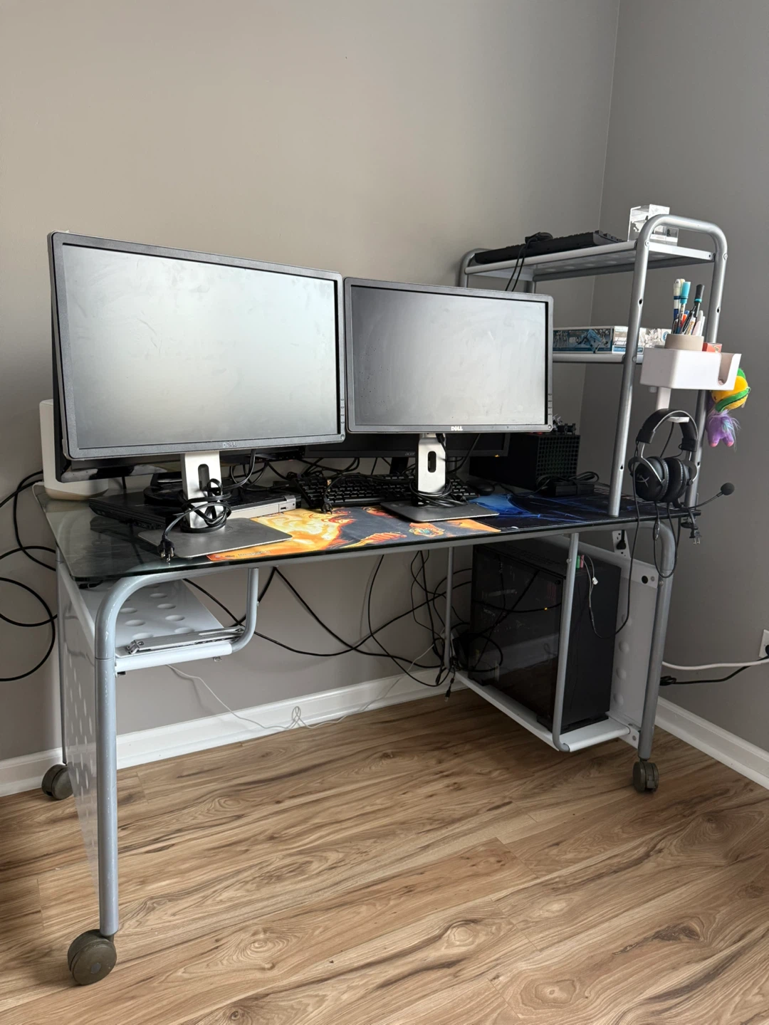 Gaming Desk with Glass Top and Shelving