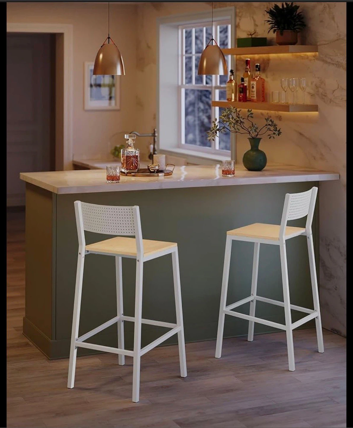 Modern Bar Stool Set of 2- White Frame, Wood Seat