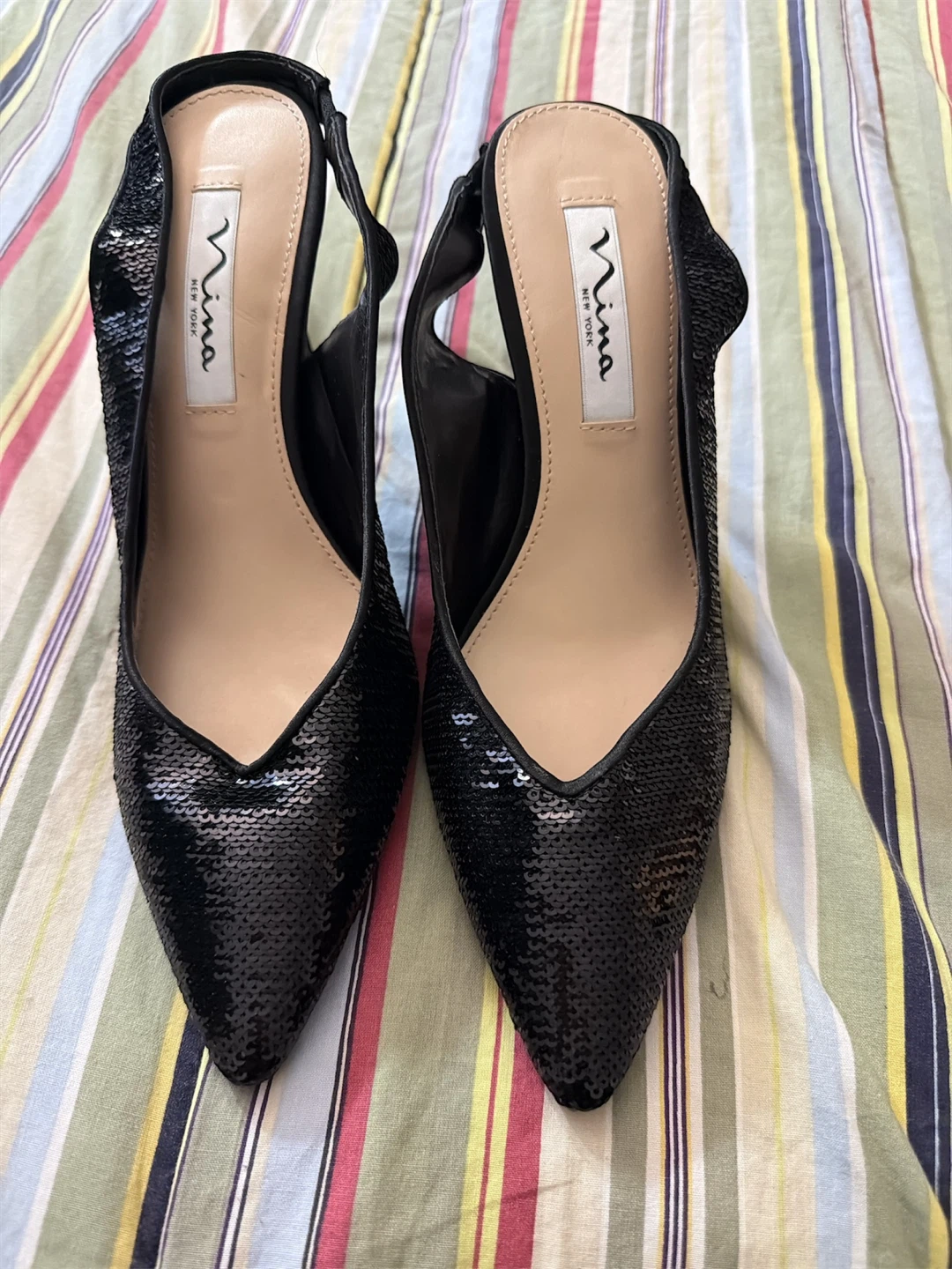Nina Black Sequin Slingback Heels