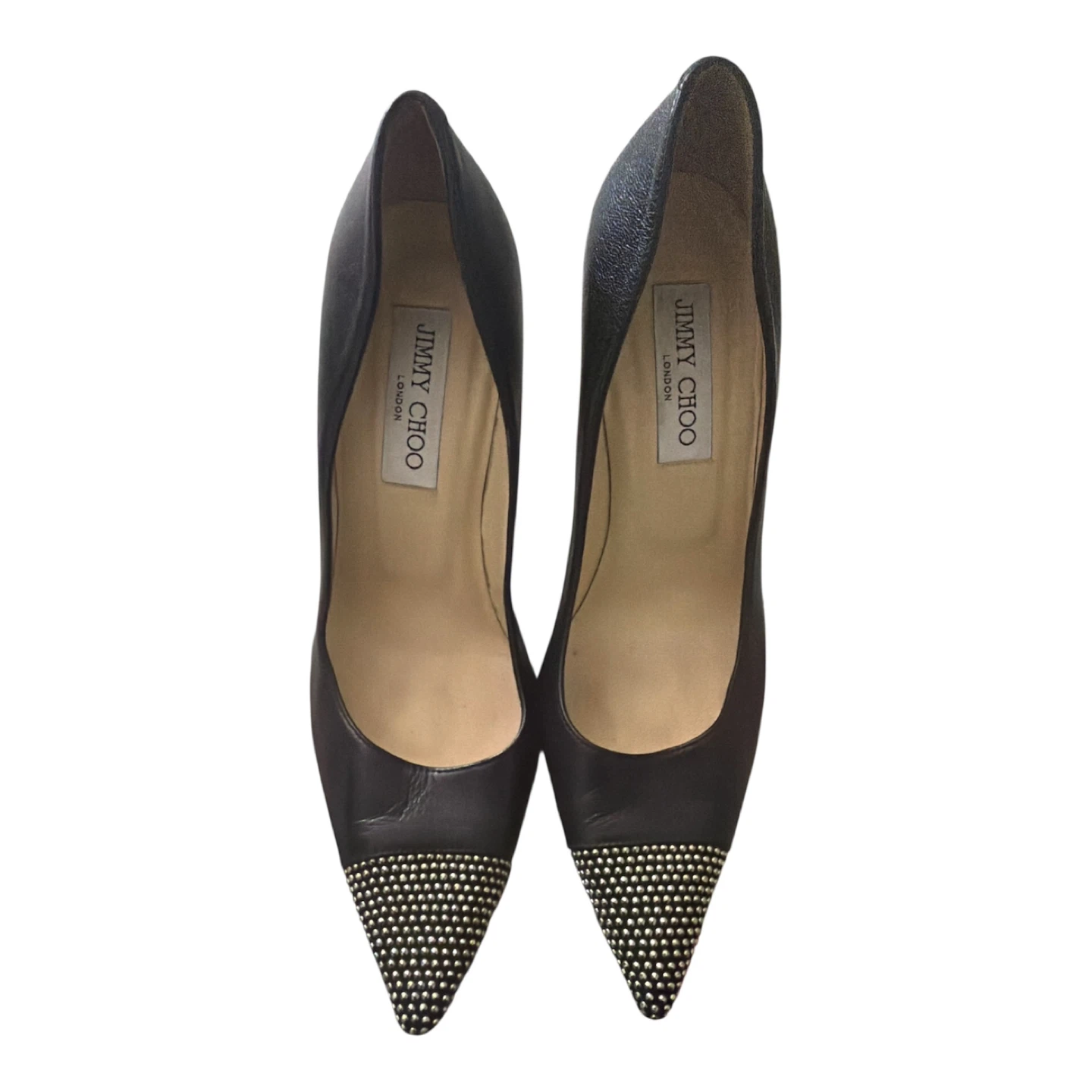 Jimmy Choo Black Leather Studded Pointed Toe Heels Size 37.5