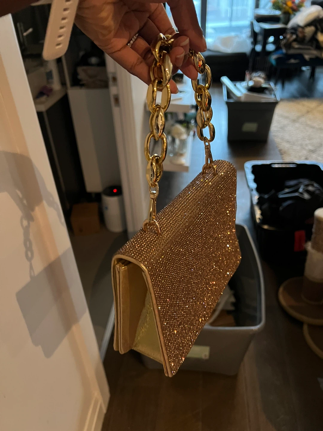 Pickup only -Sparkly Rose Gold Clutch Bag with Gold Chain