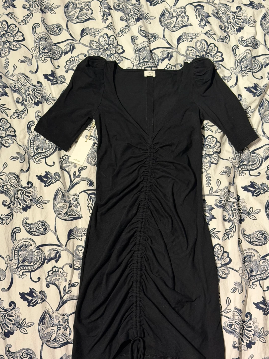 Wilfred Black Ruched Midi Dress