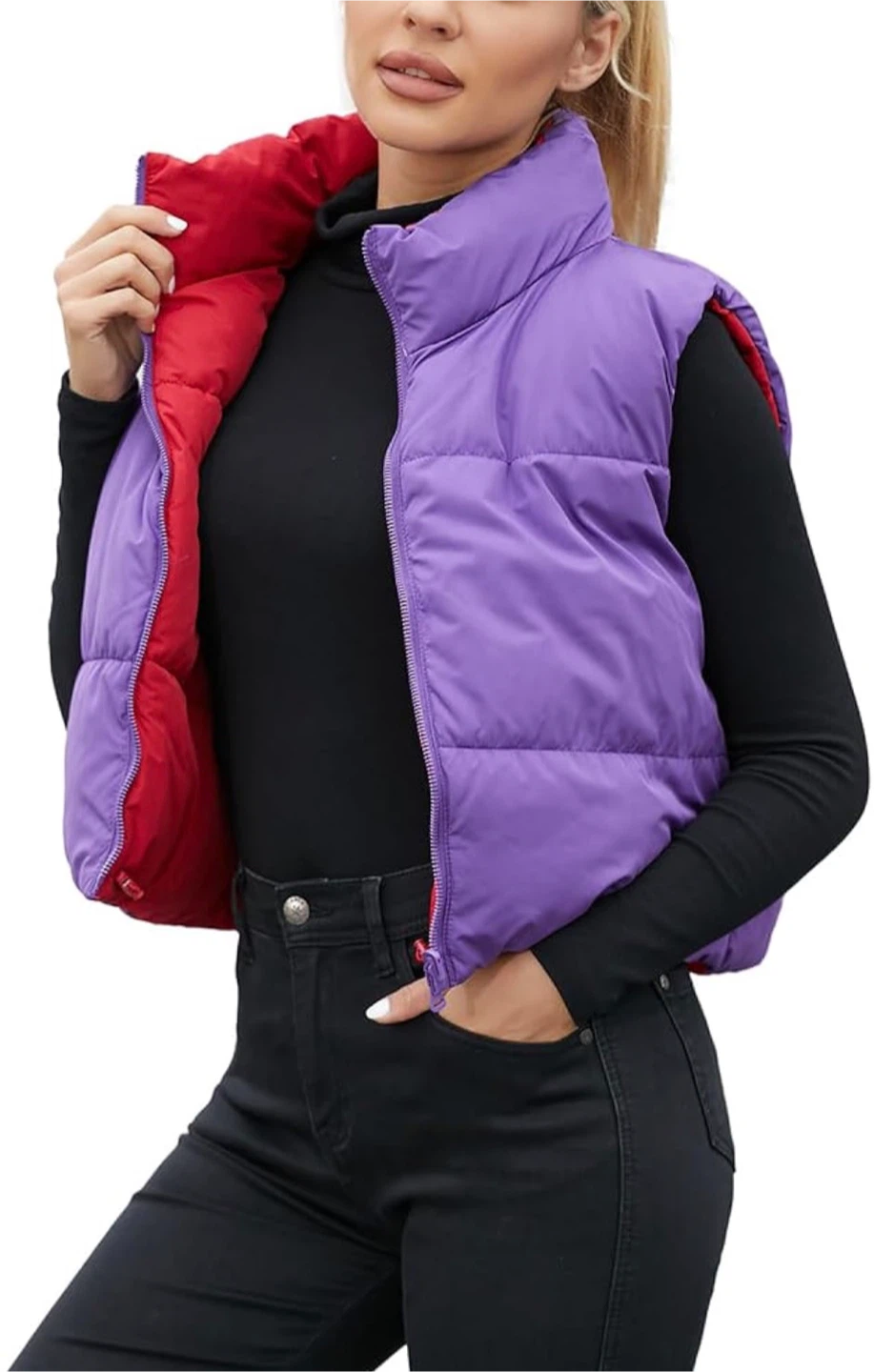 NEW! Purple and Red Reversible Crop Puffer Vest
