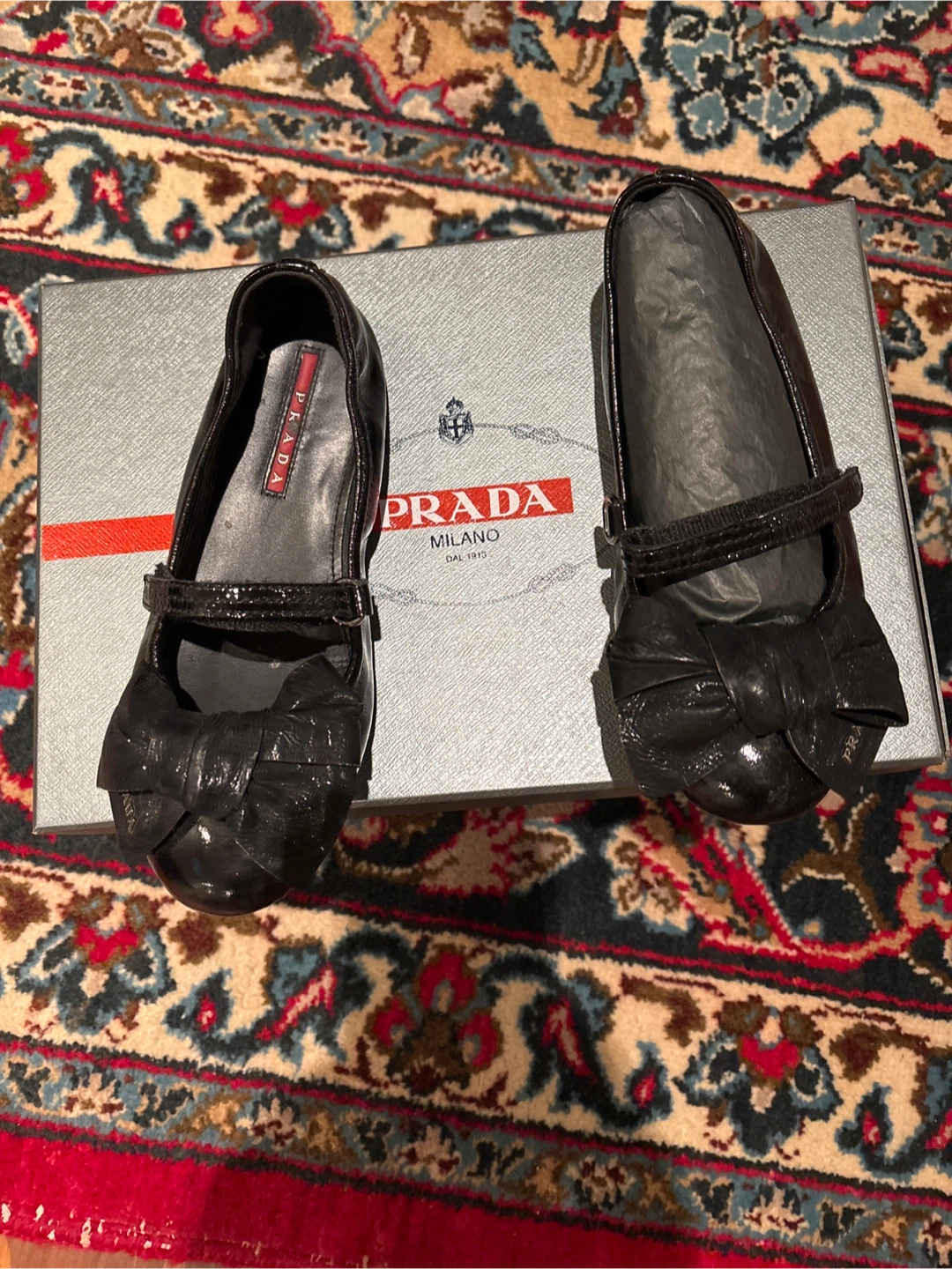 Prada Black Patent Bow Mary Jane Shoes Size 32