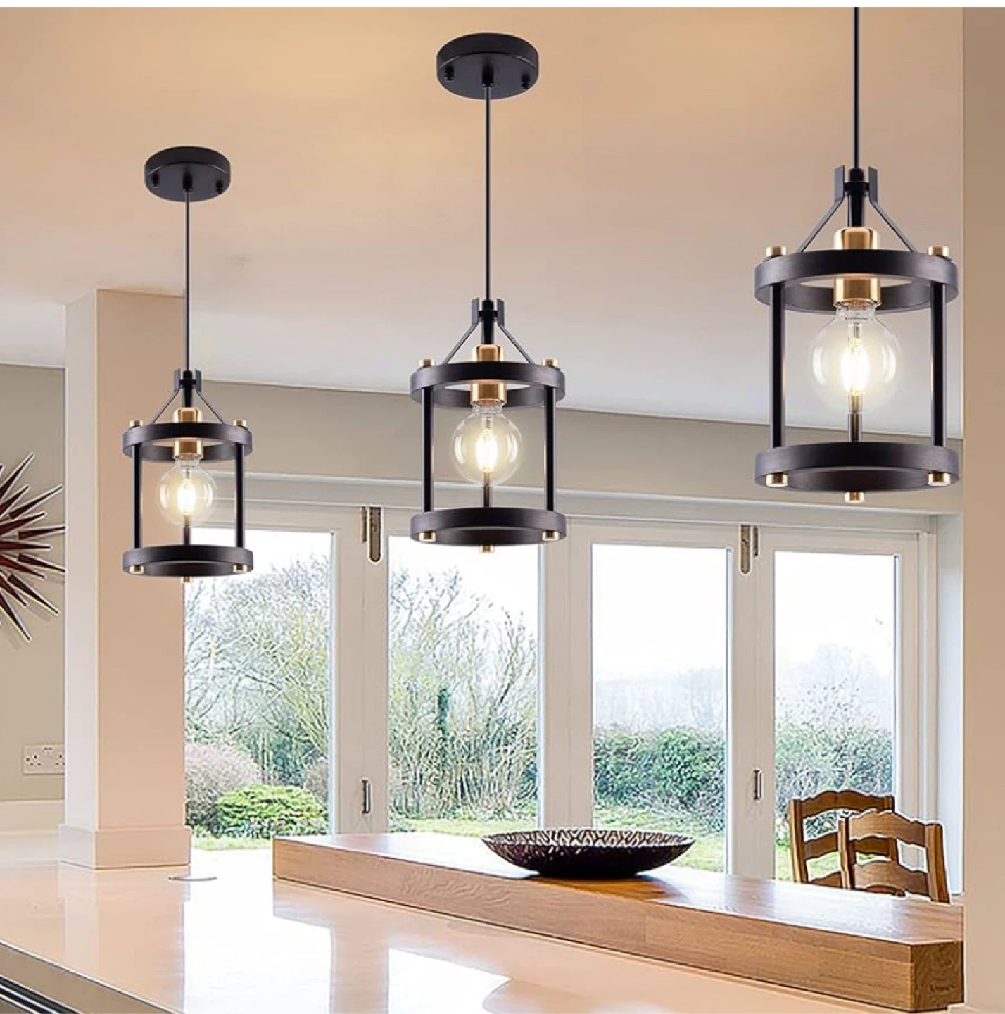 Farmhouse Pendant Light - Matte Black Wood & Metal Fixture