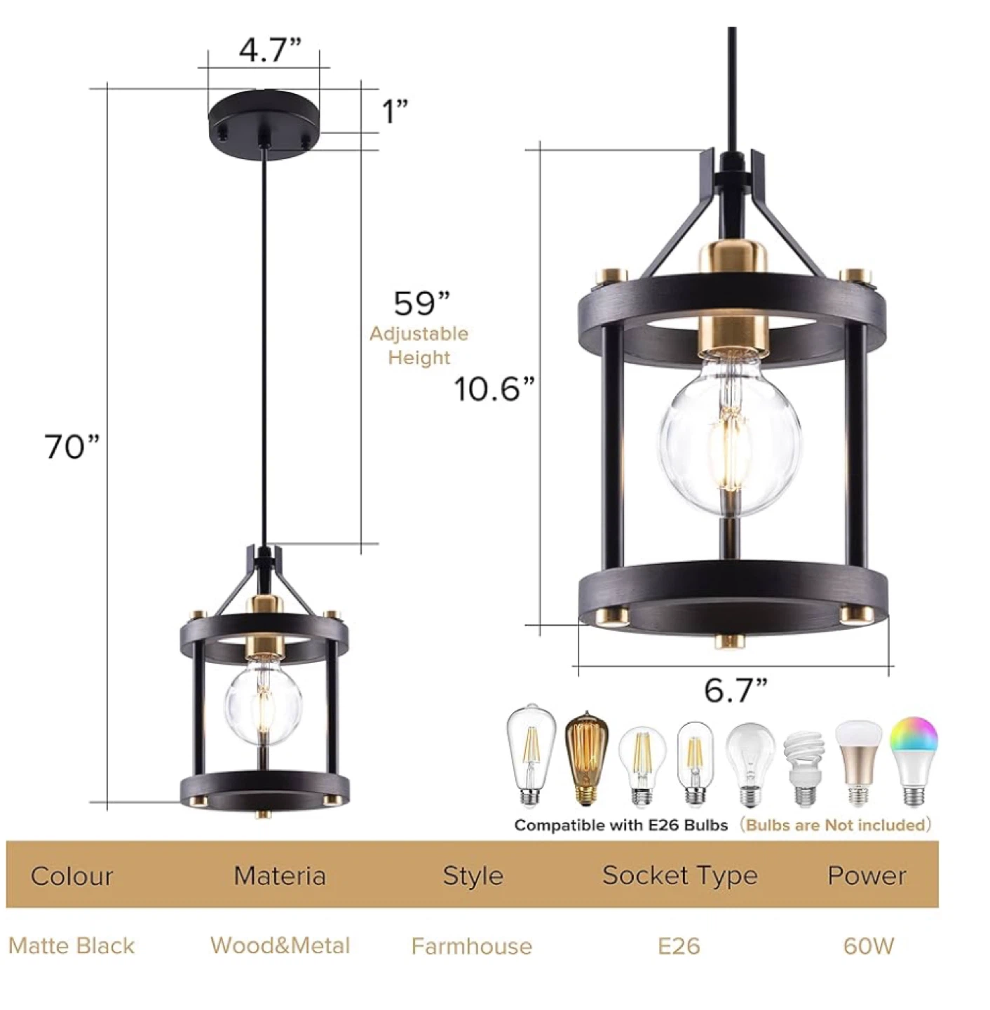 Farmhouse Pendant Light - Matte Black Wood & Metal Fixture - photo 4