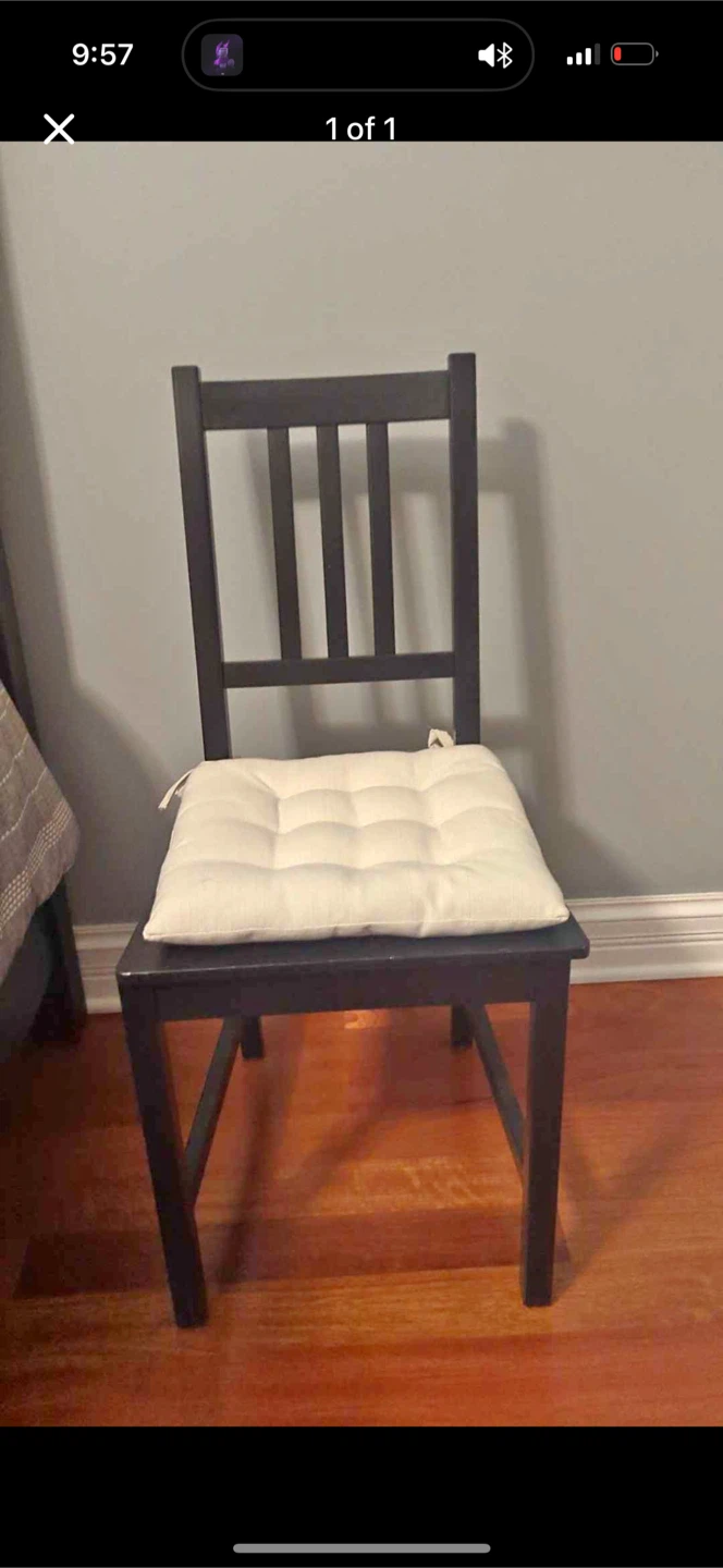 4 black wood chairs with cushions all 4 like new