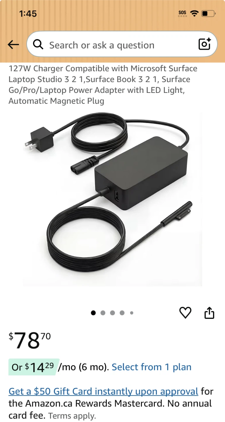 127W Surface Laptop Power Adapter