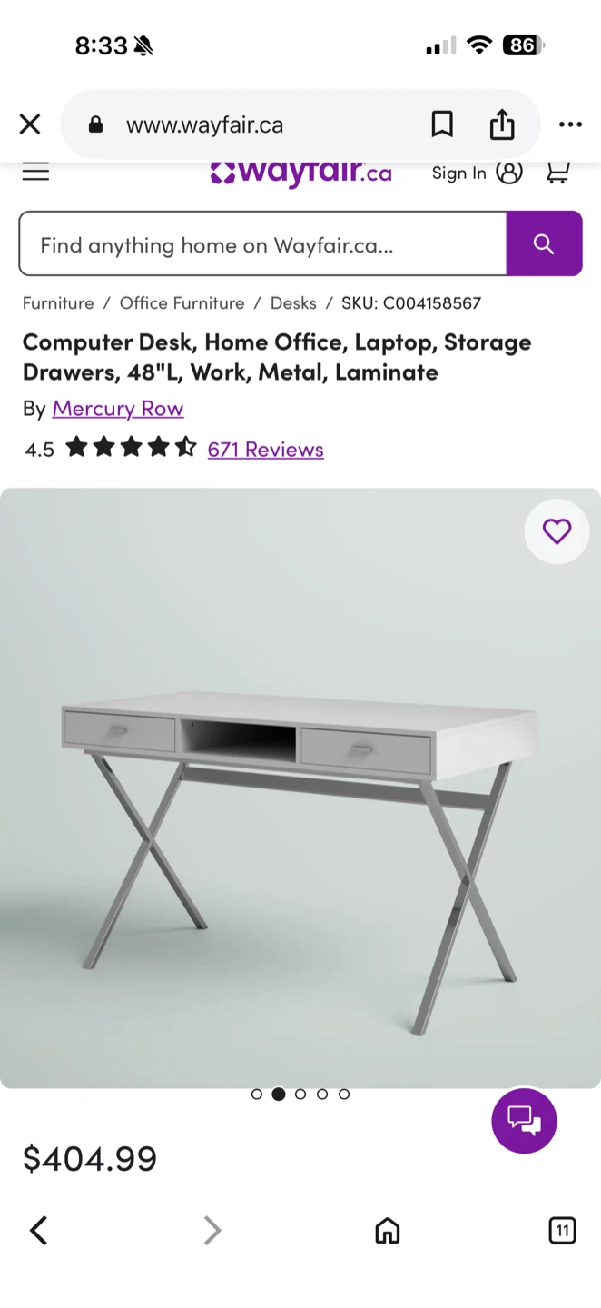 Like New Computer Desk - 47" W, Glossy White