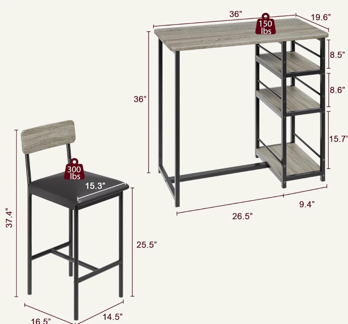 Bar Height Table with Storage Shelves and 2 Stools - photo 2