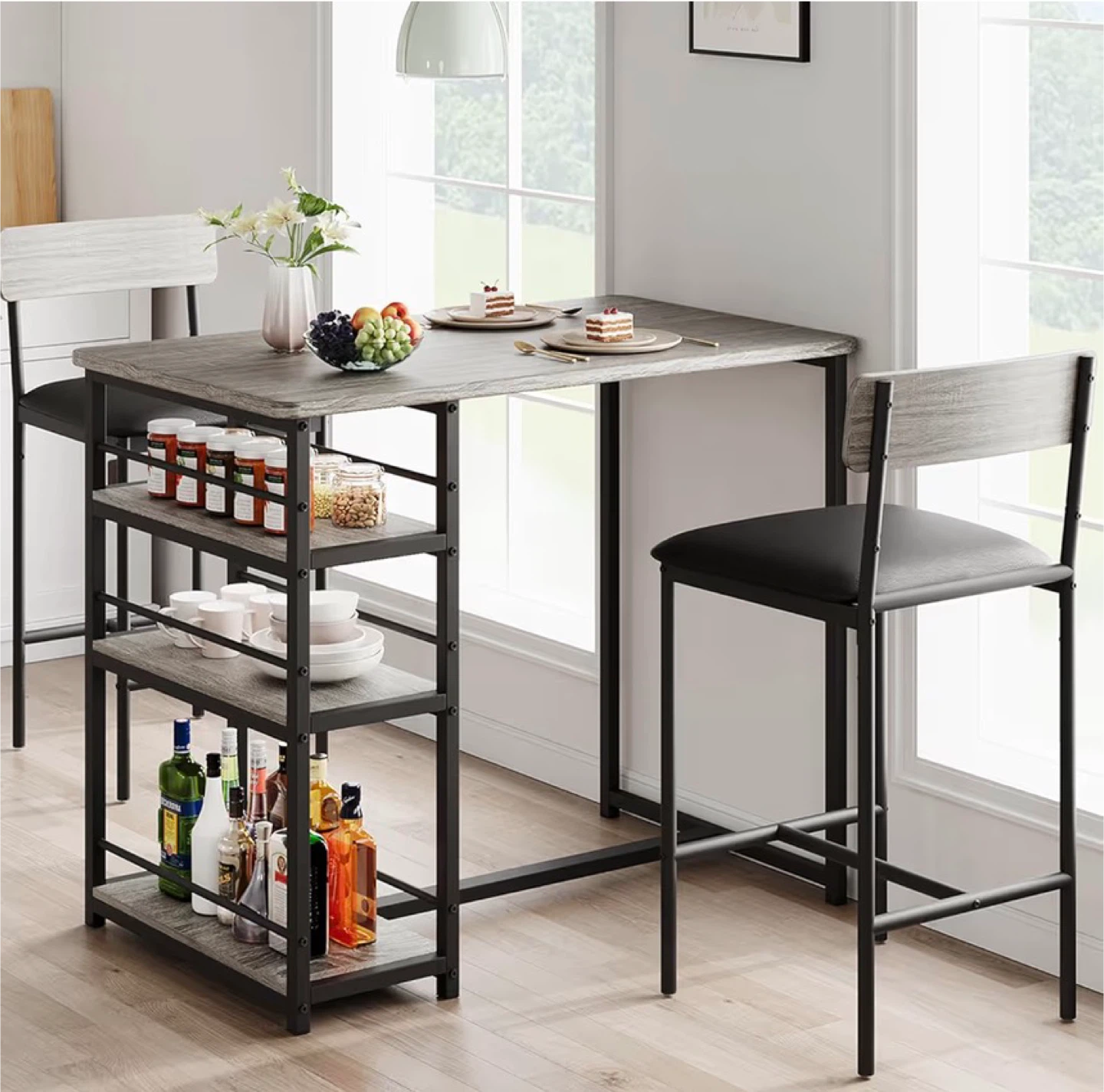 Bar Height Table with Storage Shelves and 2 Stools