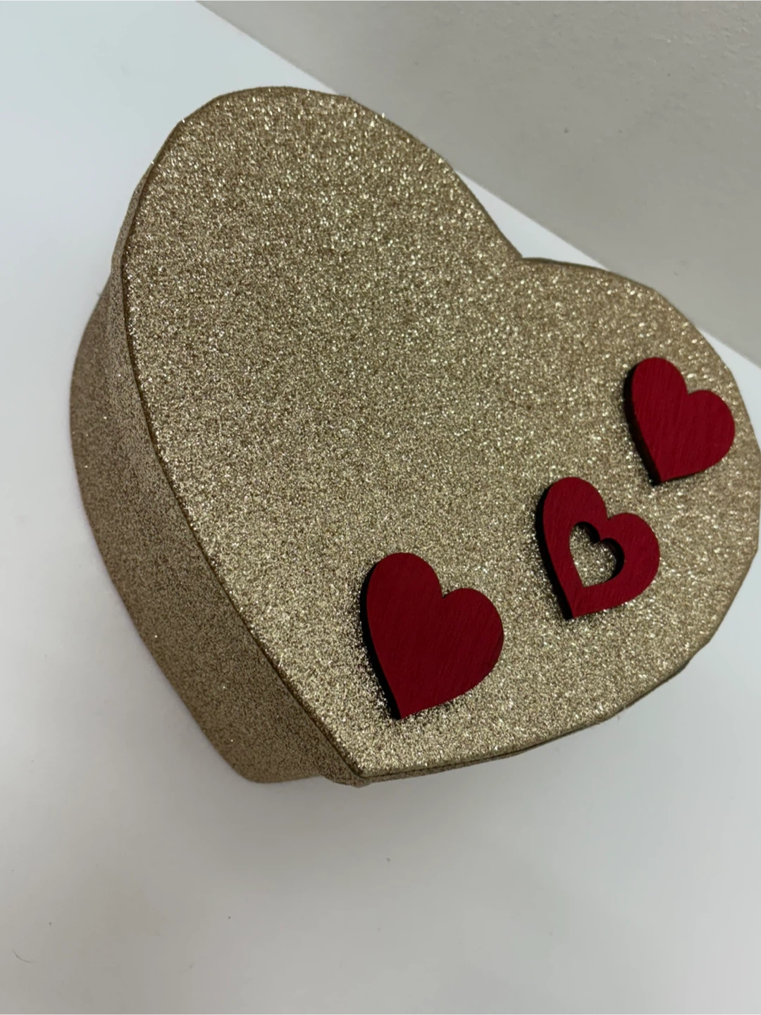 Gold Glitter Heart-Shaped Box with Red Hearts