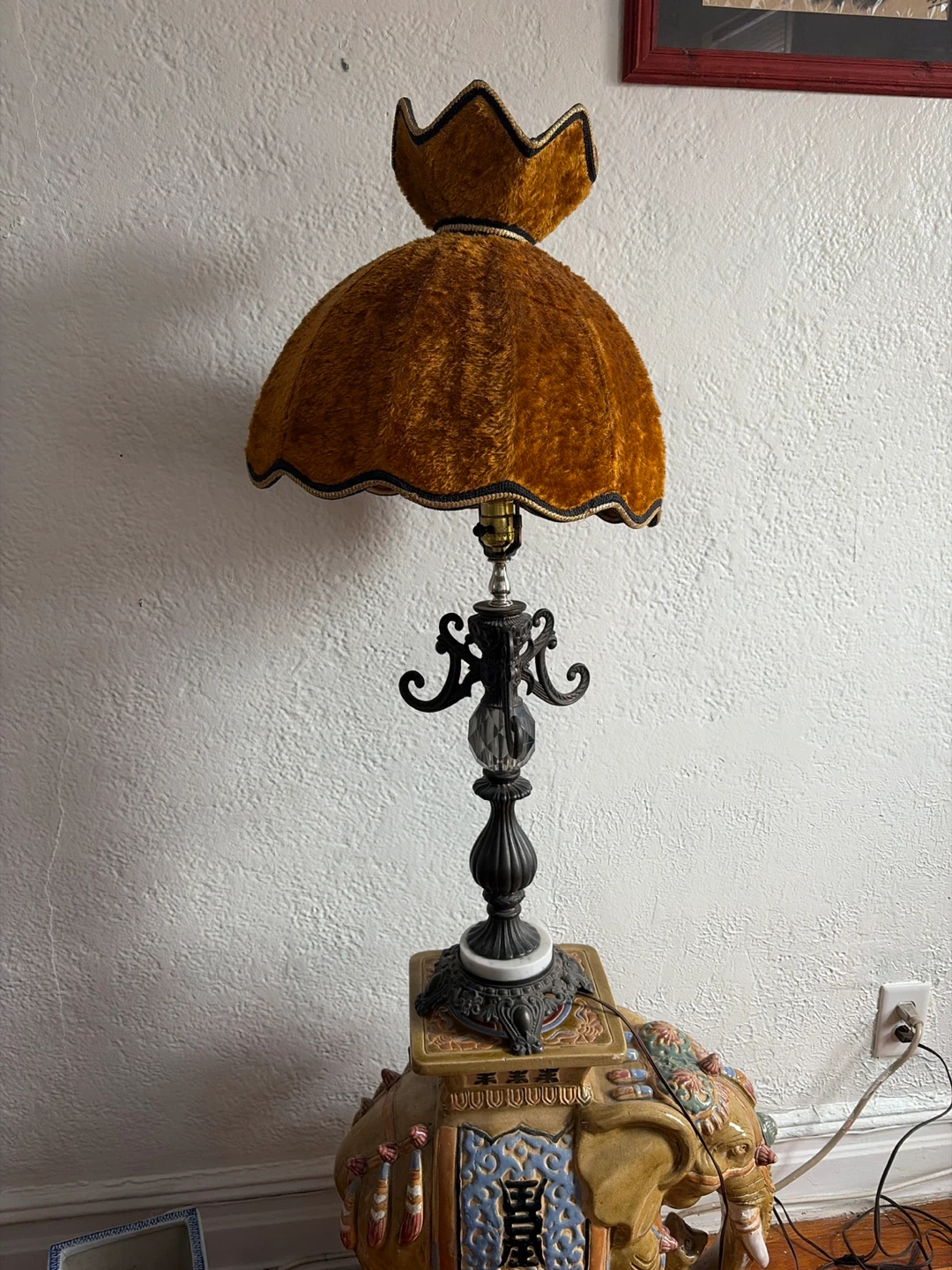 Vintage Elephant Base Table Lamp with Velvet Shade