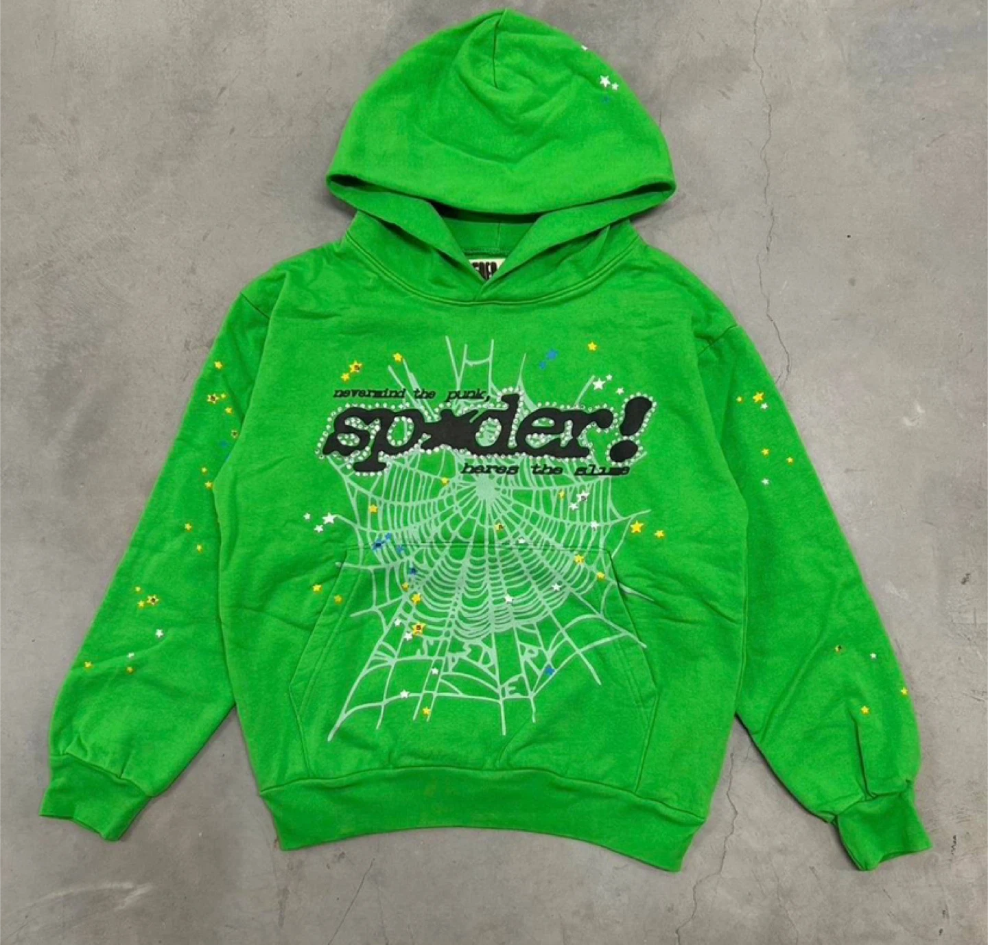 Sp5der P*NK V2 Rhinestone Green Web Hoodie
