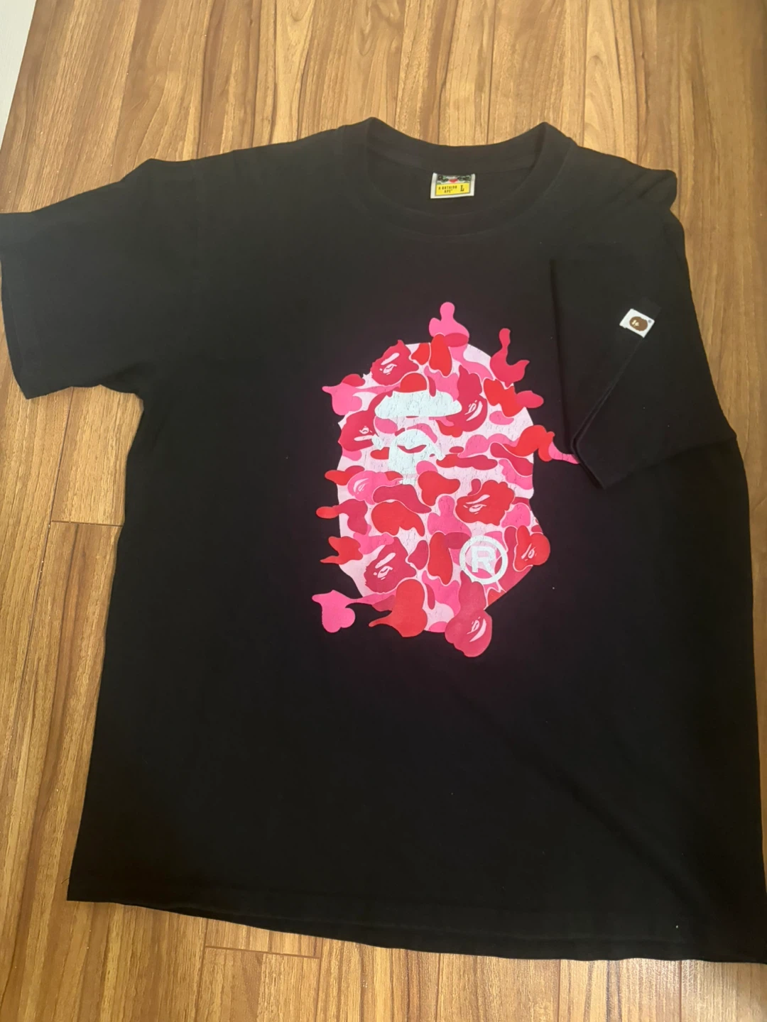 BAPE A Bathing Ape T-Shirt Pink Camo Ape Head Black Size L