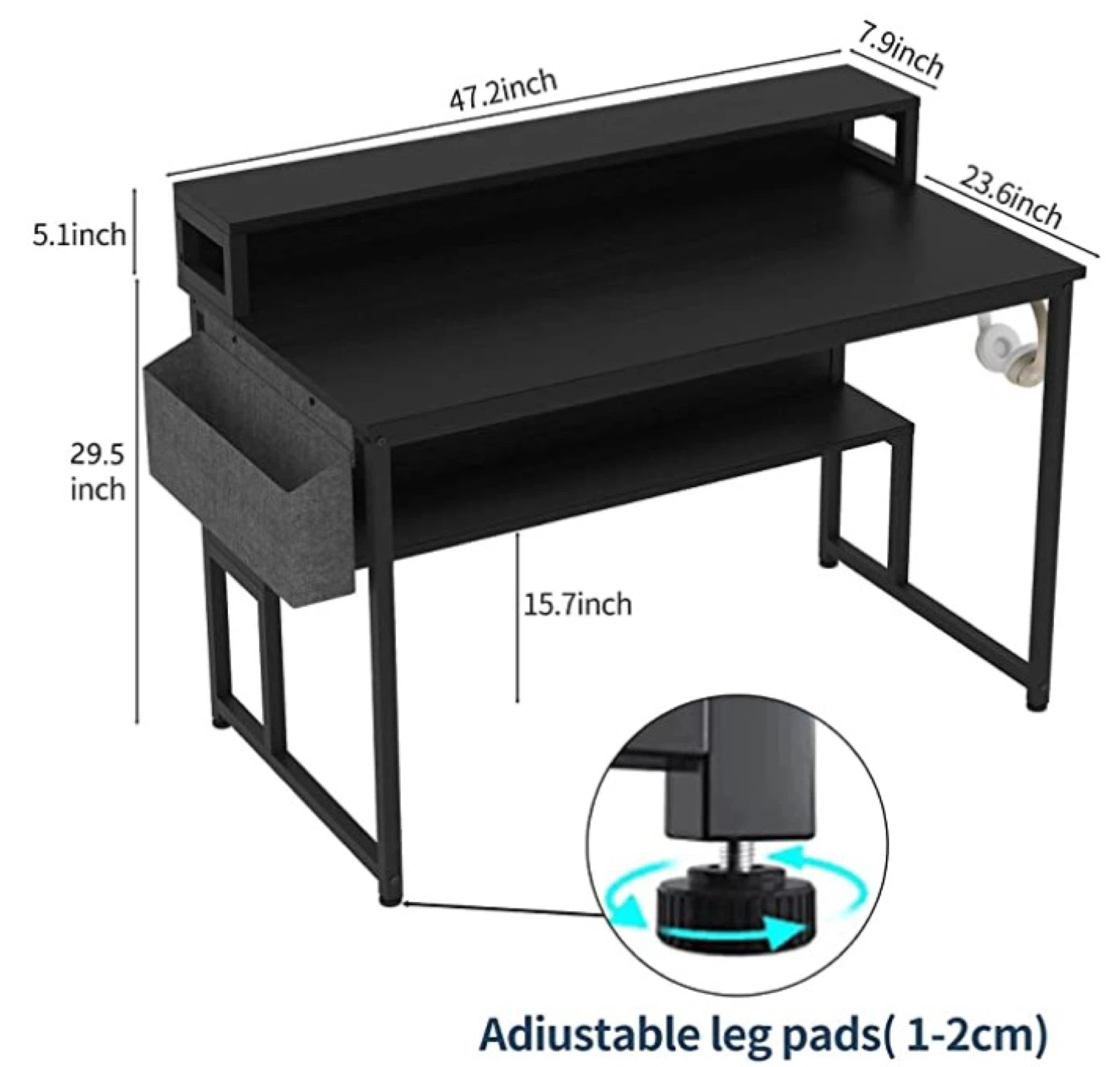 Black Computer Desk with Shelf and Monitor Riser - photo 4