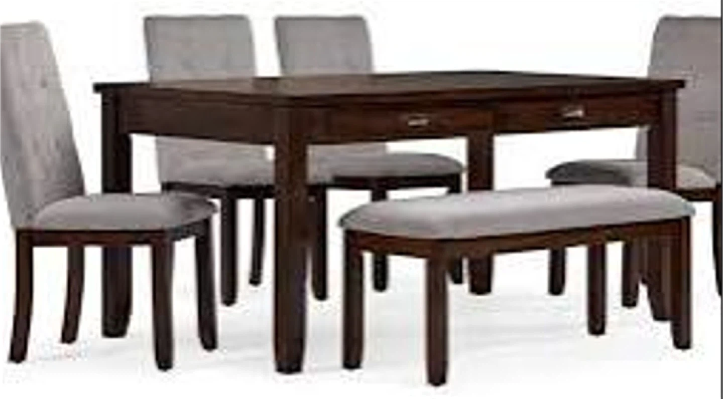 Wooden Dining Table with Two Drawers 4 chairs and a bench