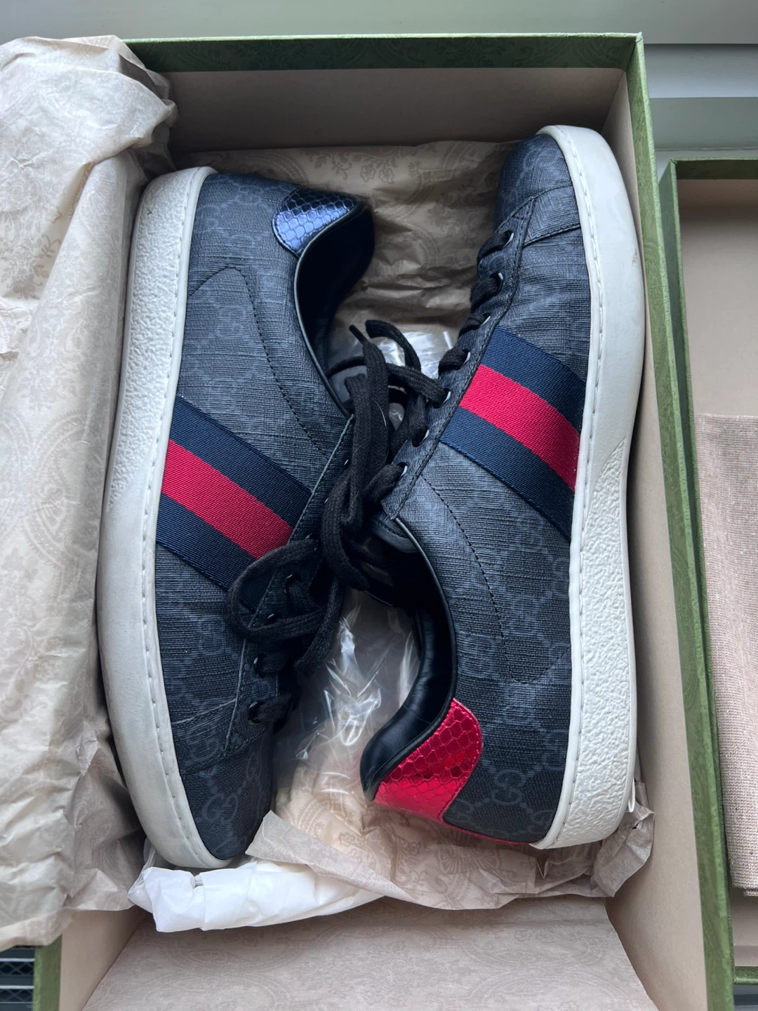 Gucci GG Monogram Canvas Sneakers with Red and Blue Stripes