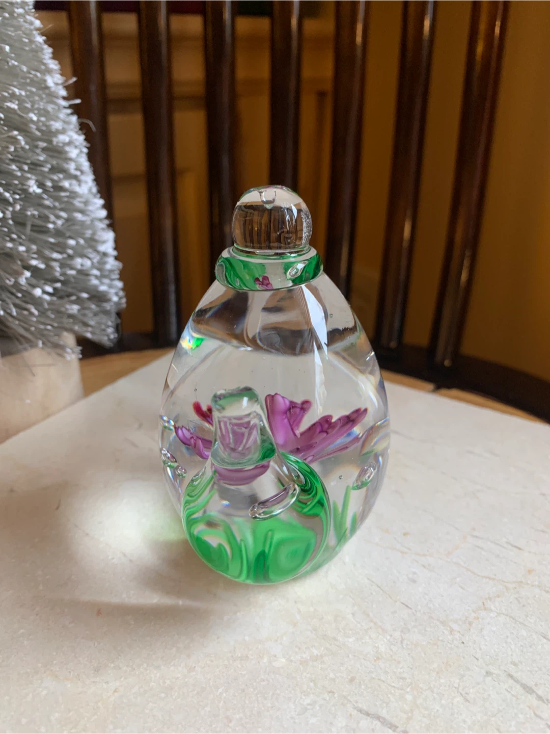 Glass Teapot Paperweight with Purple Flower and Green Grass - photo 4
