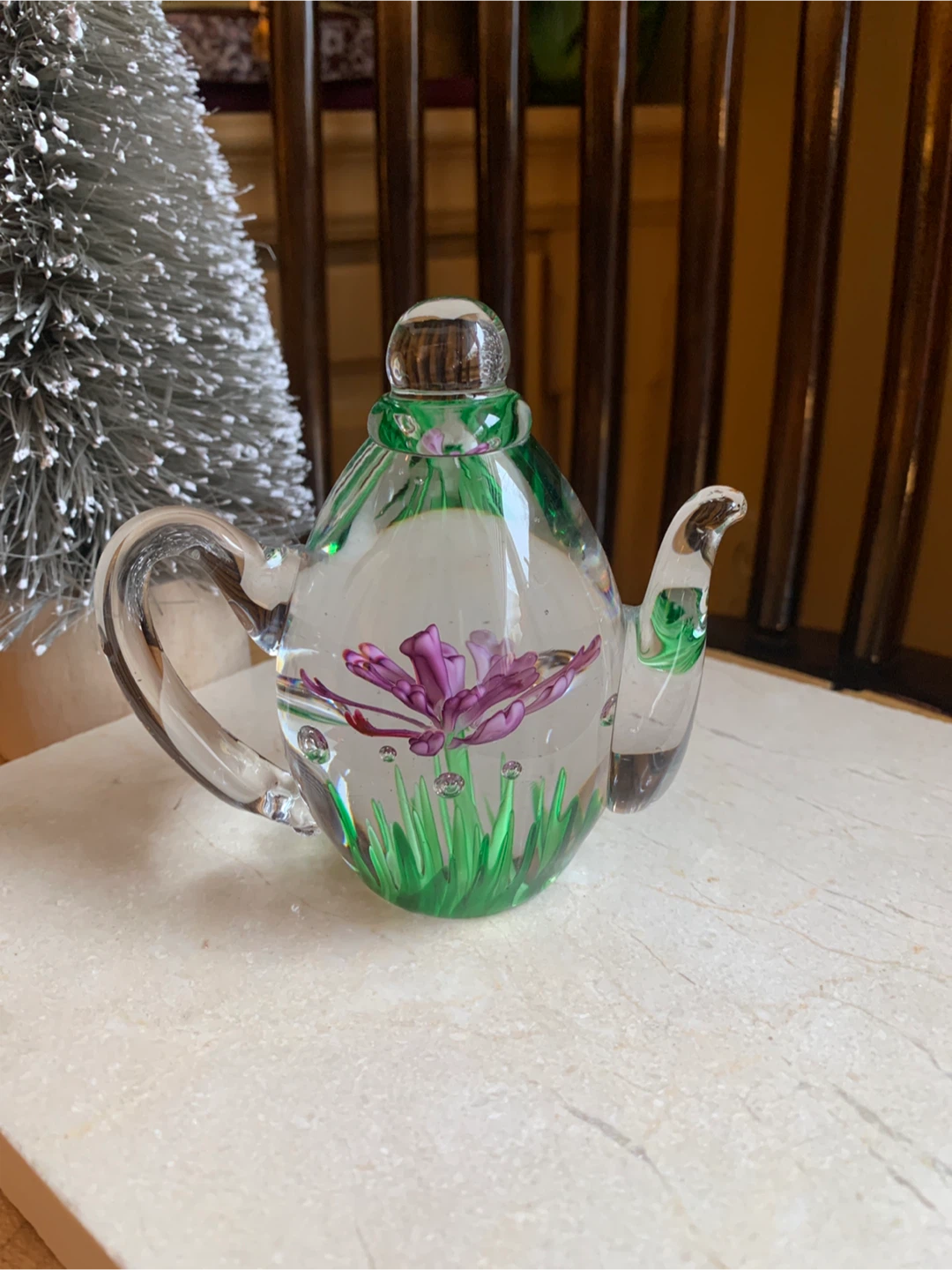 Glass Teapot Paperweight with Purple Flower and Green Grass - photo 2