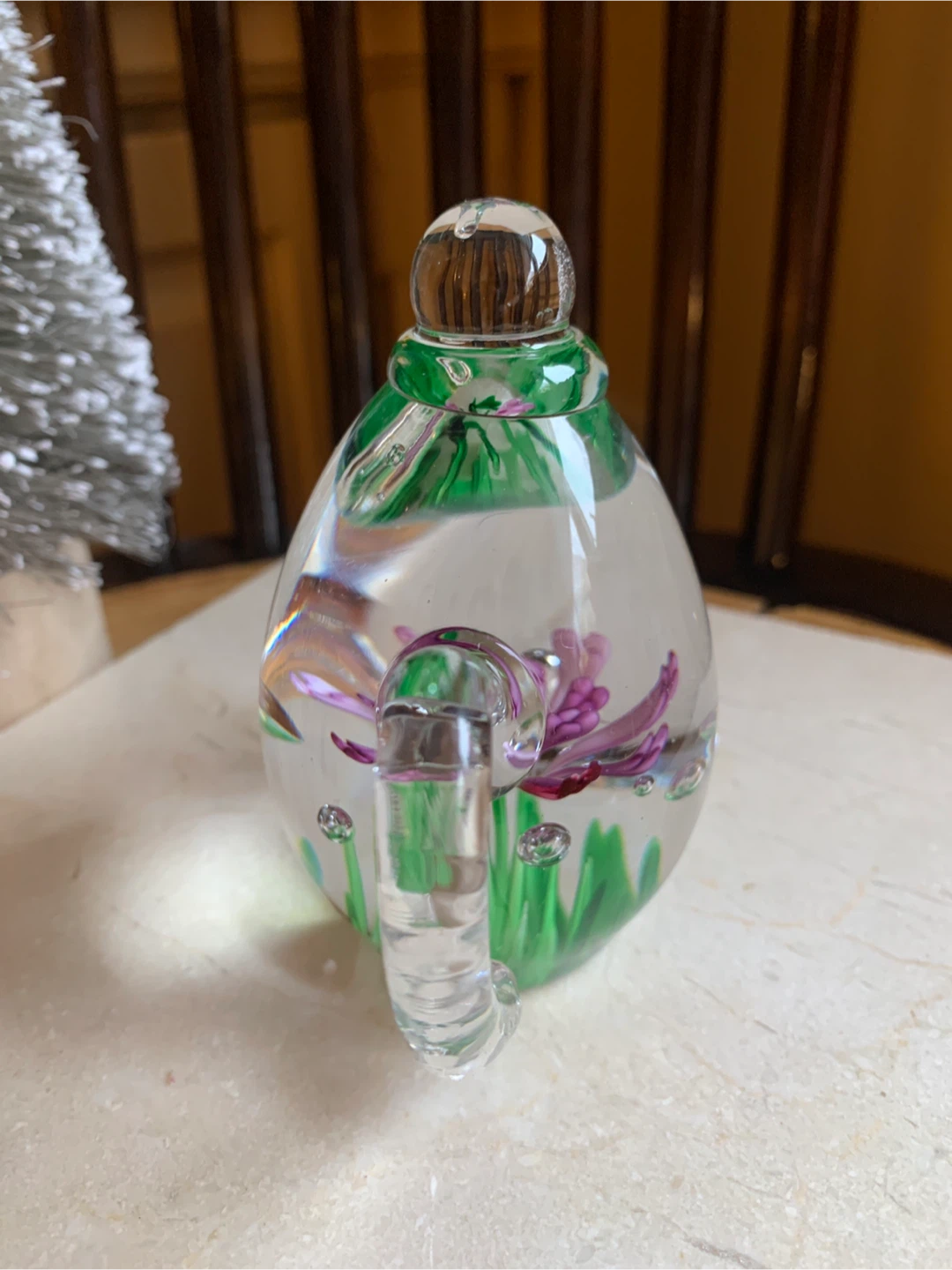 Glass Teapot Paperweight with Purple Flower and Green Grass - photo 5