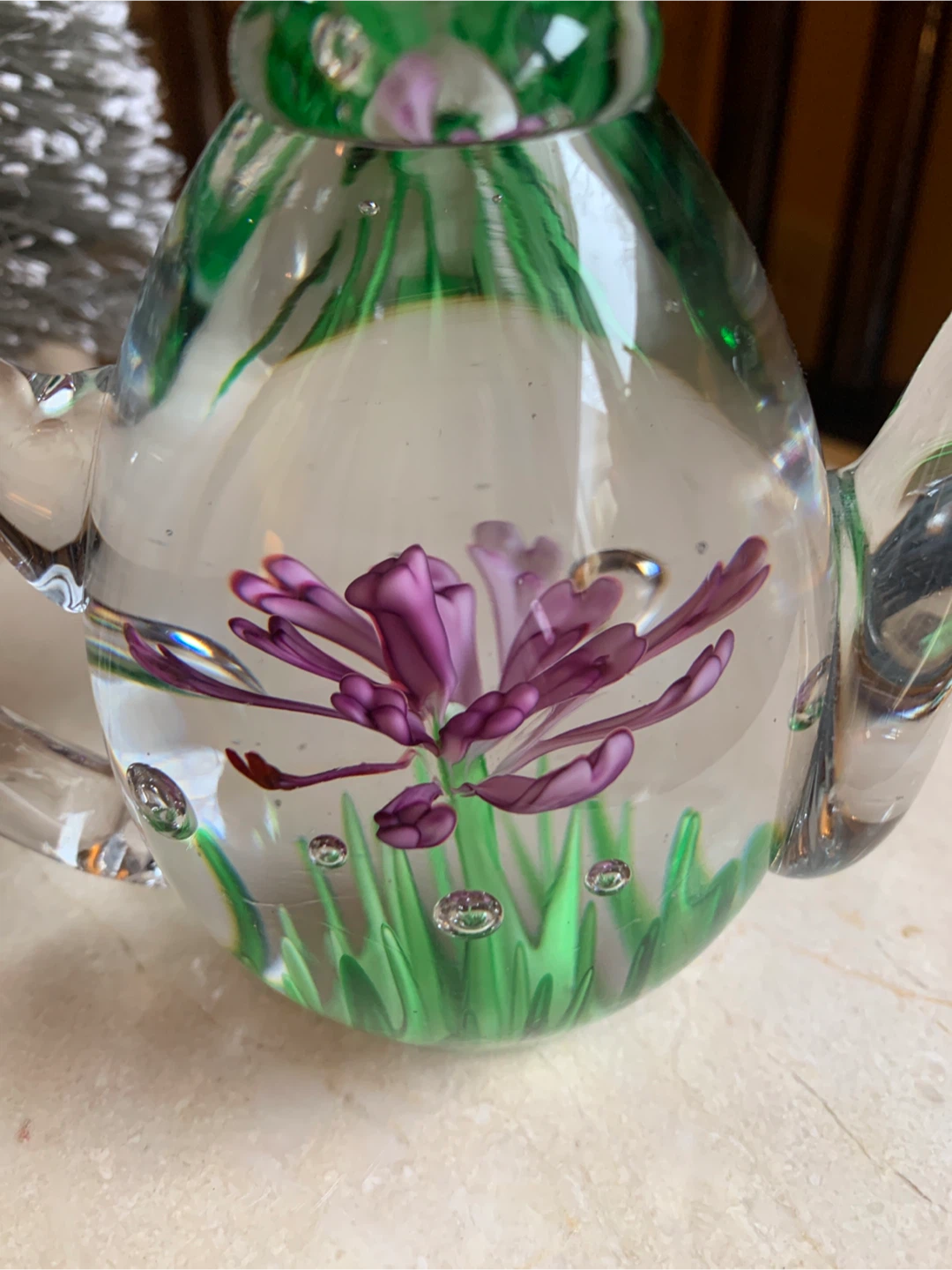 Glass Teapot Paperweight with Purple Flower and Green Grass - photo 3