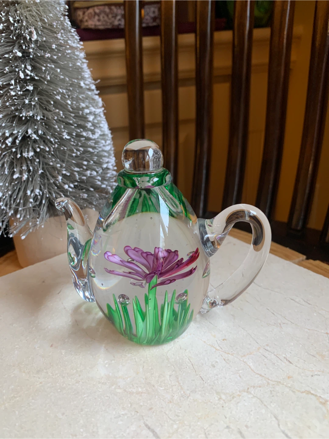Glass Teapot Paperweight with Purple Flower and Green Grass