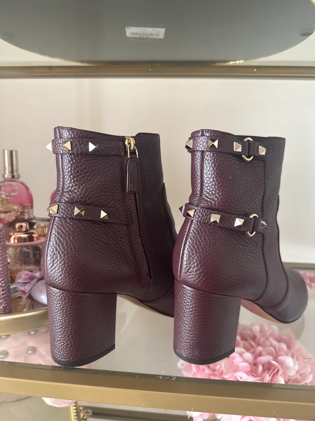 Valentino Garavani Rockstud Ankle Boots Burgundy Leather Size 40