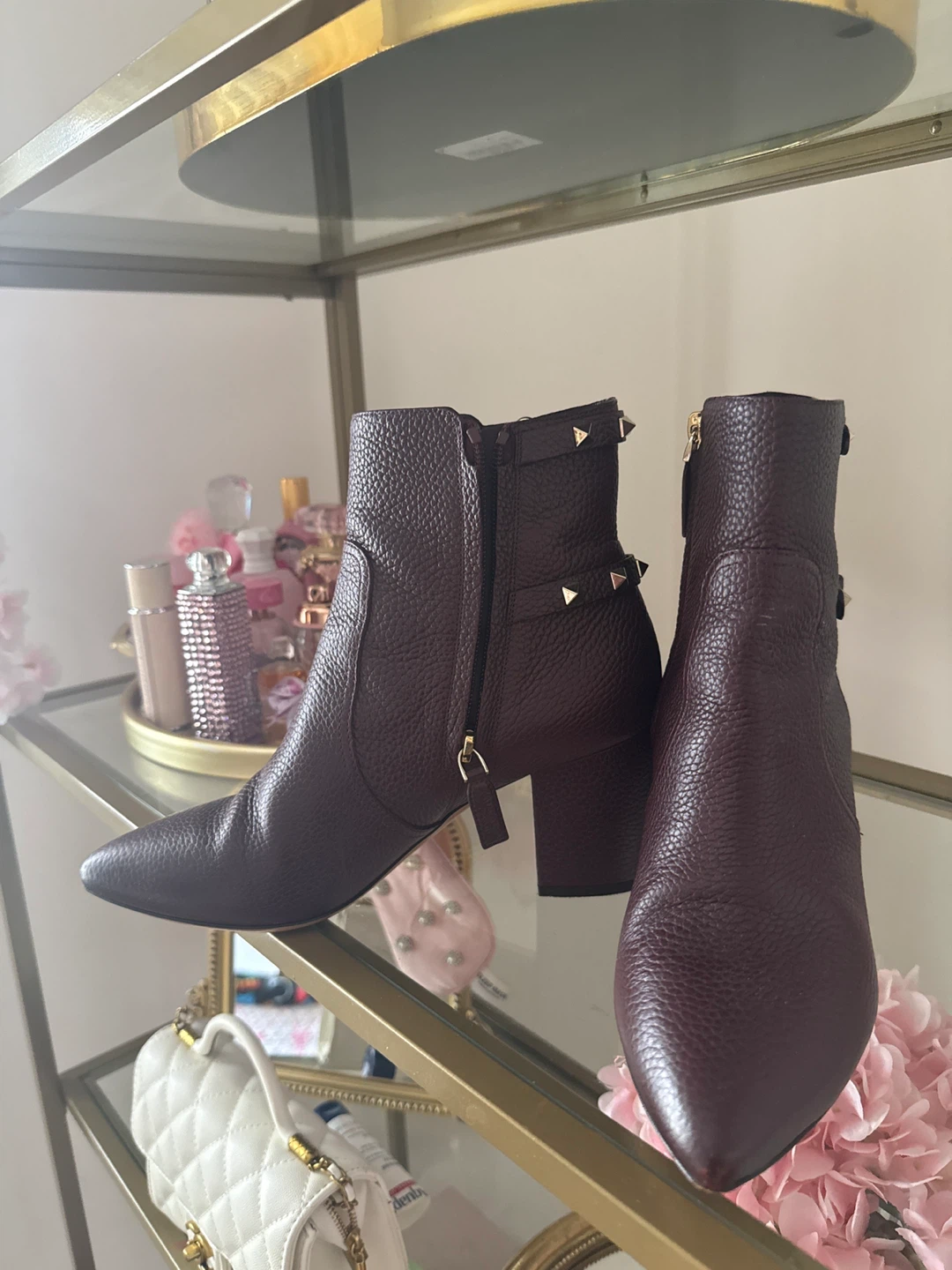 Valentino Garavani Rockstud Ankle Boots Burgundy Leather Size 40 - photo 2