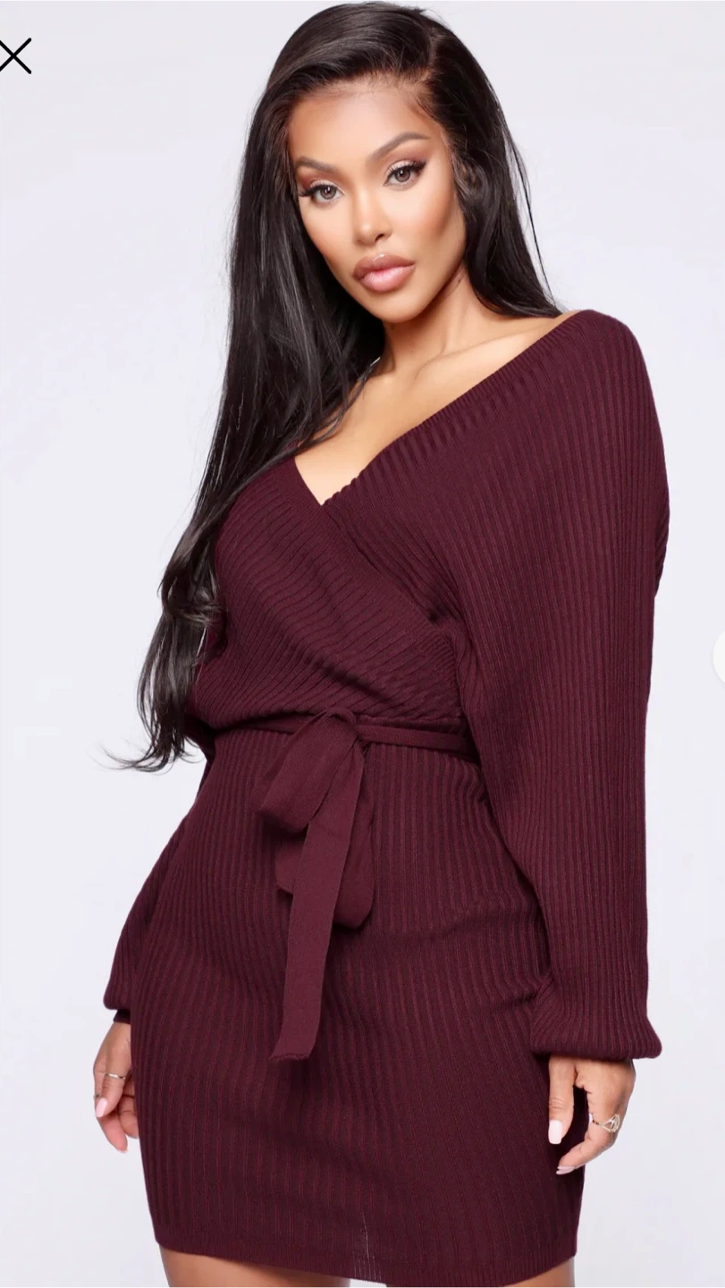 Fashion Nova Burgundy Ribbed Wrap Sweater Dress - photo 2