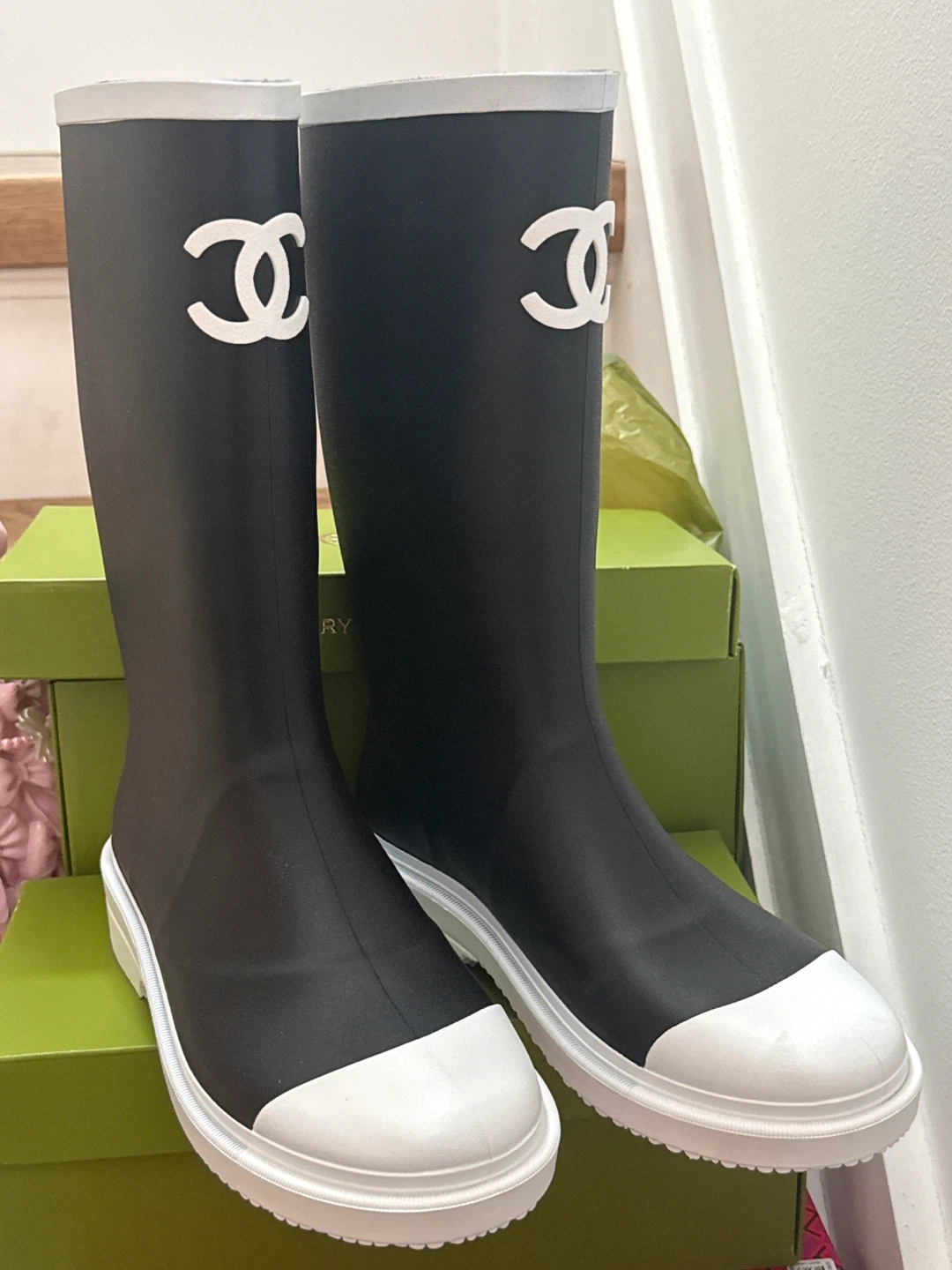 Chanel Black and White Rain Boots