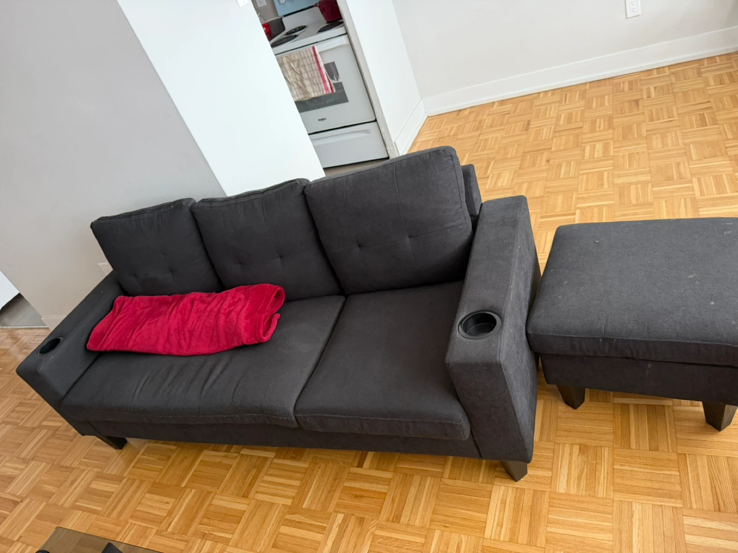 Dark Grey Sofa with Ottoman and Cup Holders