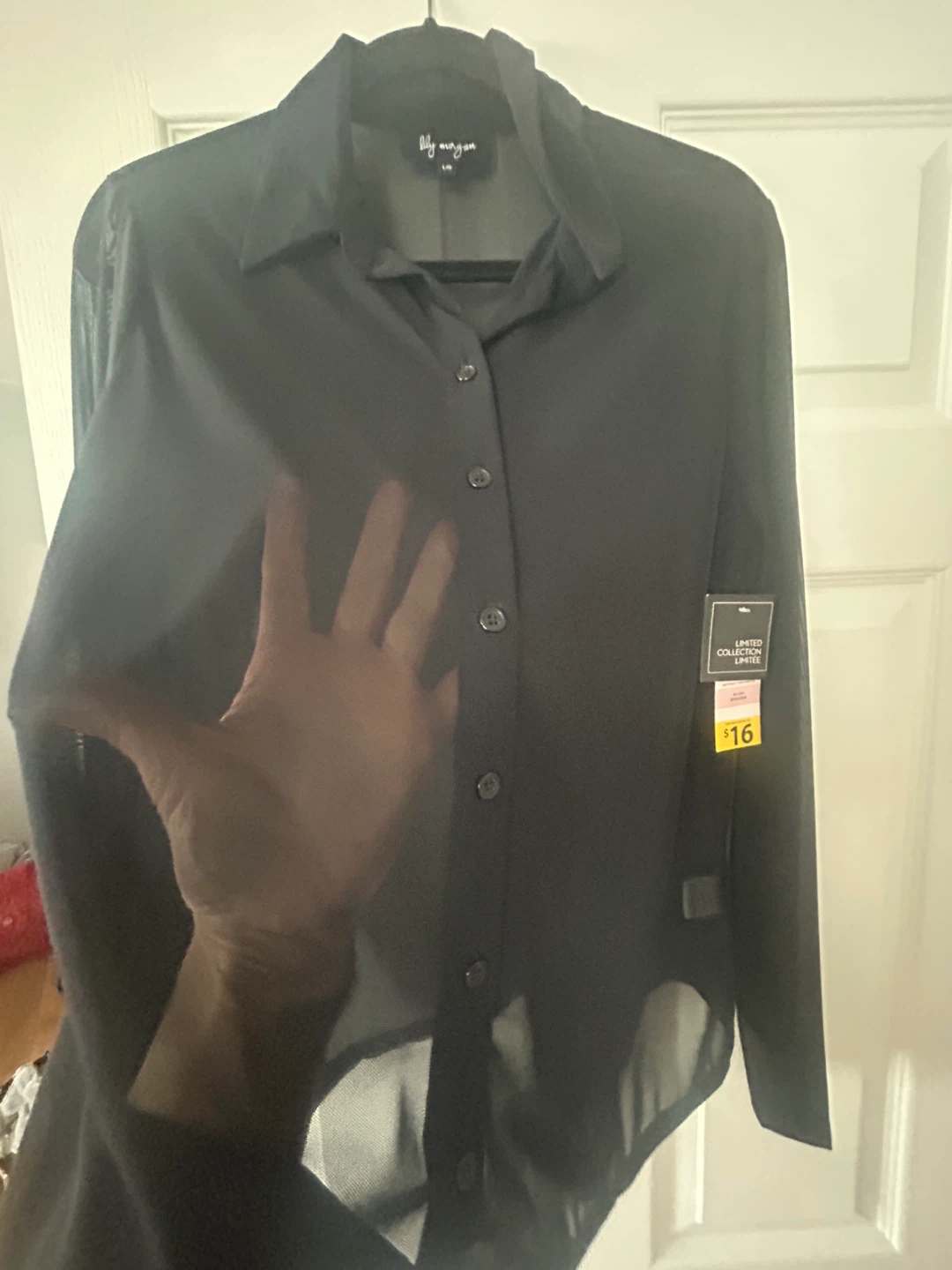 New Lily Morgan Black Mesh Button-Up Shirt Size L - photo 2