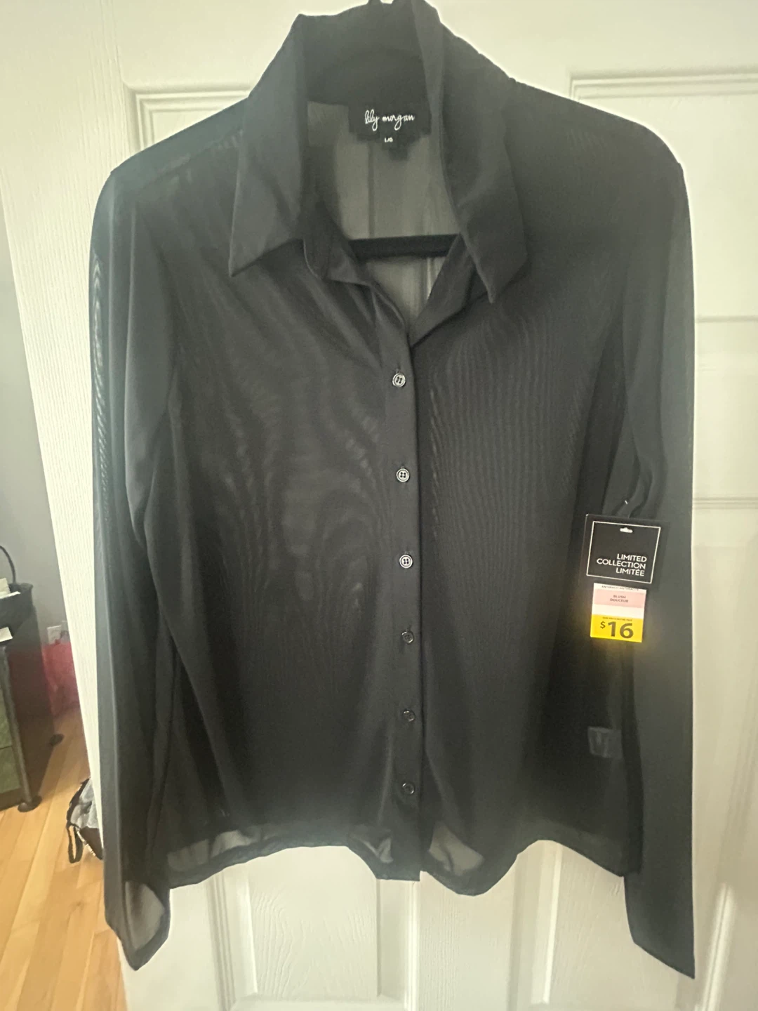 New Lily Morgan Black Mesh Button-Up Shirt Size L - photo 4