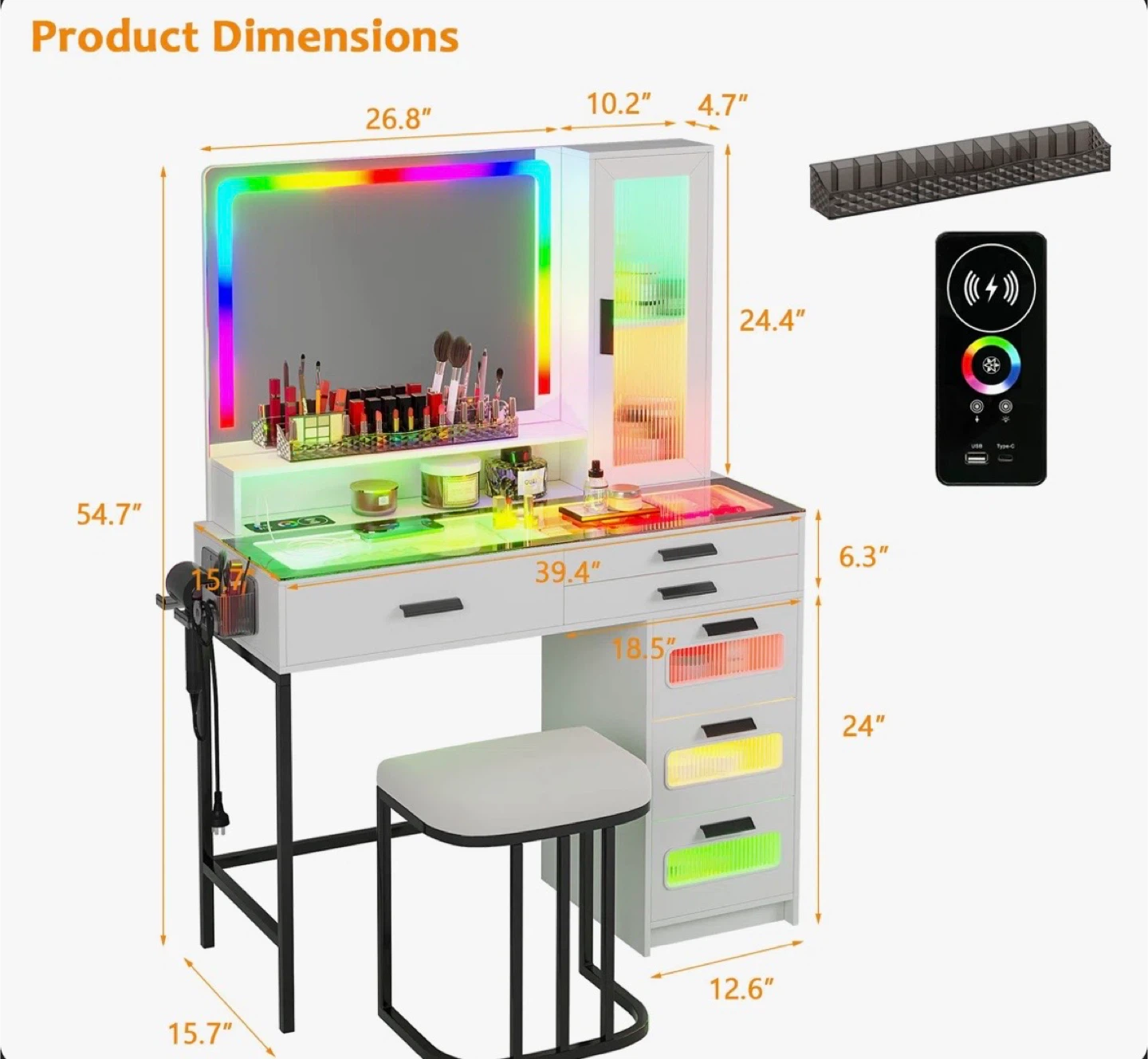 Vanity Desk with LED Mirror Drawers Adjustable Lights and Stool - photo 2