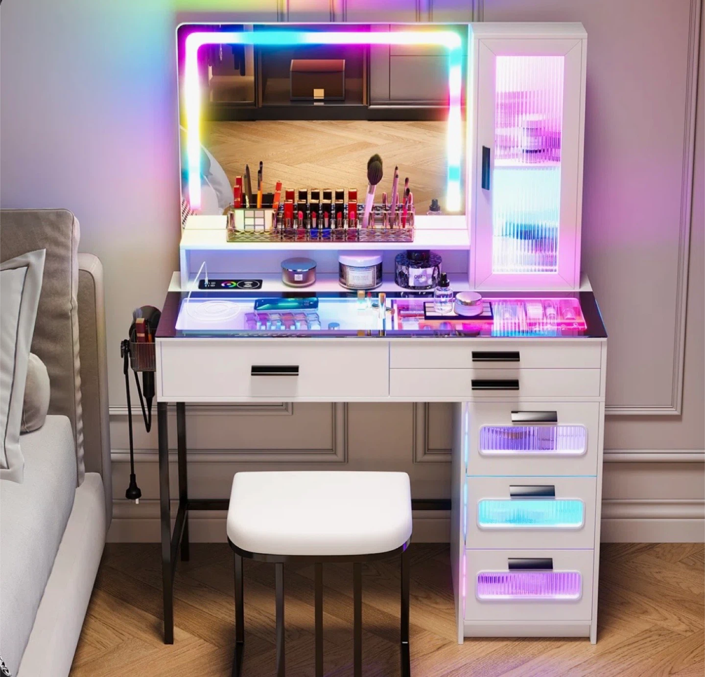 Vanity Desk with LED Mirror Drawers Adjustable Lights and Stool