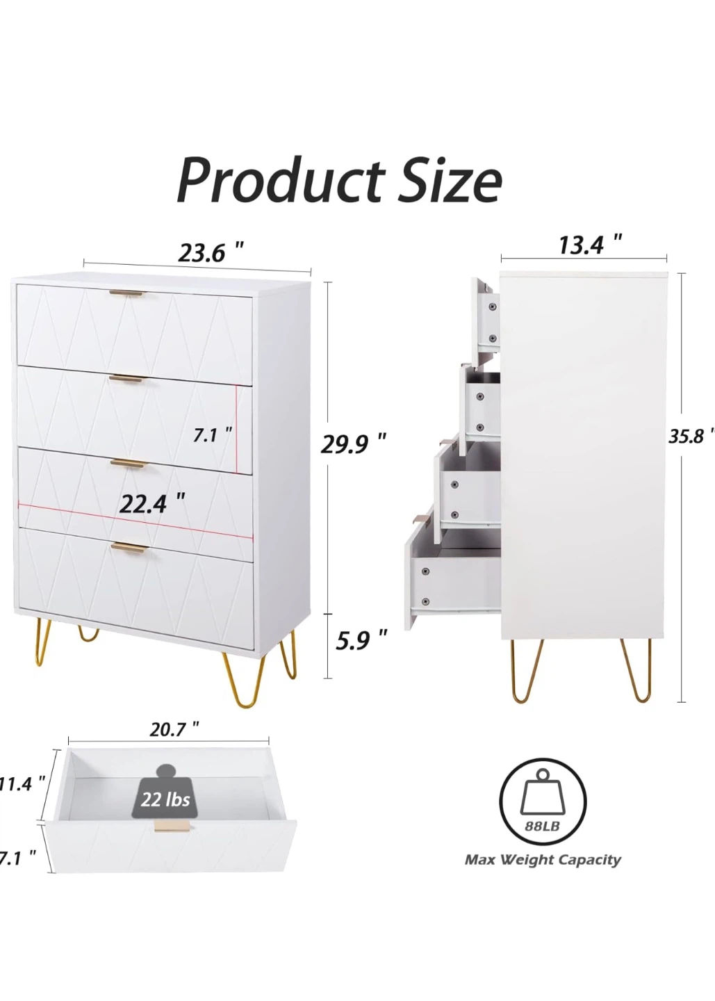 White 4-Drawer Dresser with Gold Legs - photo 4