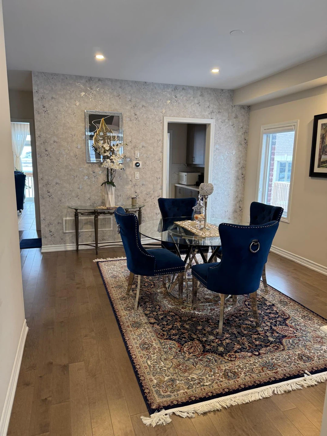 Round Glass Top Dining Table with 4 Blue Velvet Chairs - photo 2