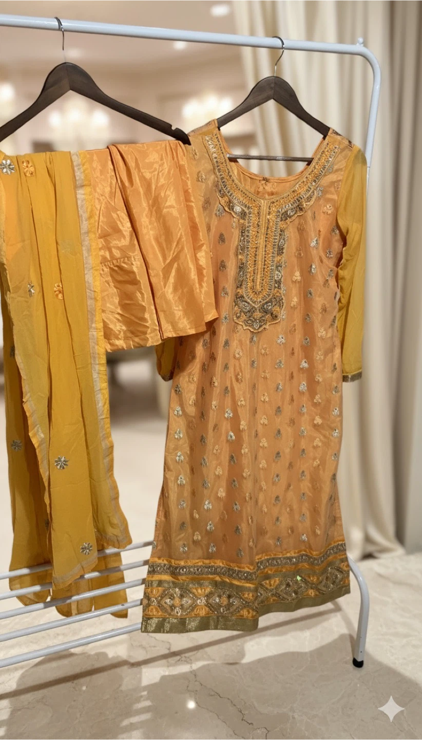 Orange Embroidered Kurti and Salwar Suit Set