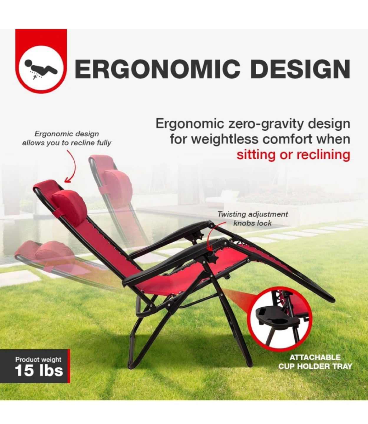 Red Zero Gravity Lounge Chair with Cup Holder and Head Rest - photo 3